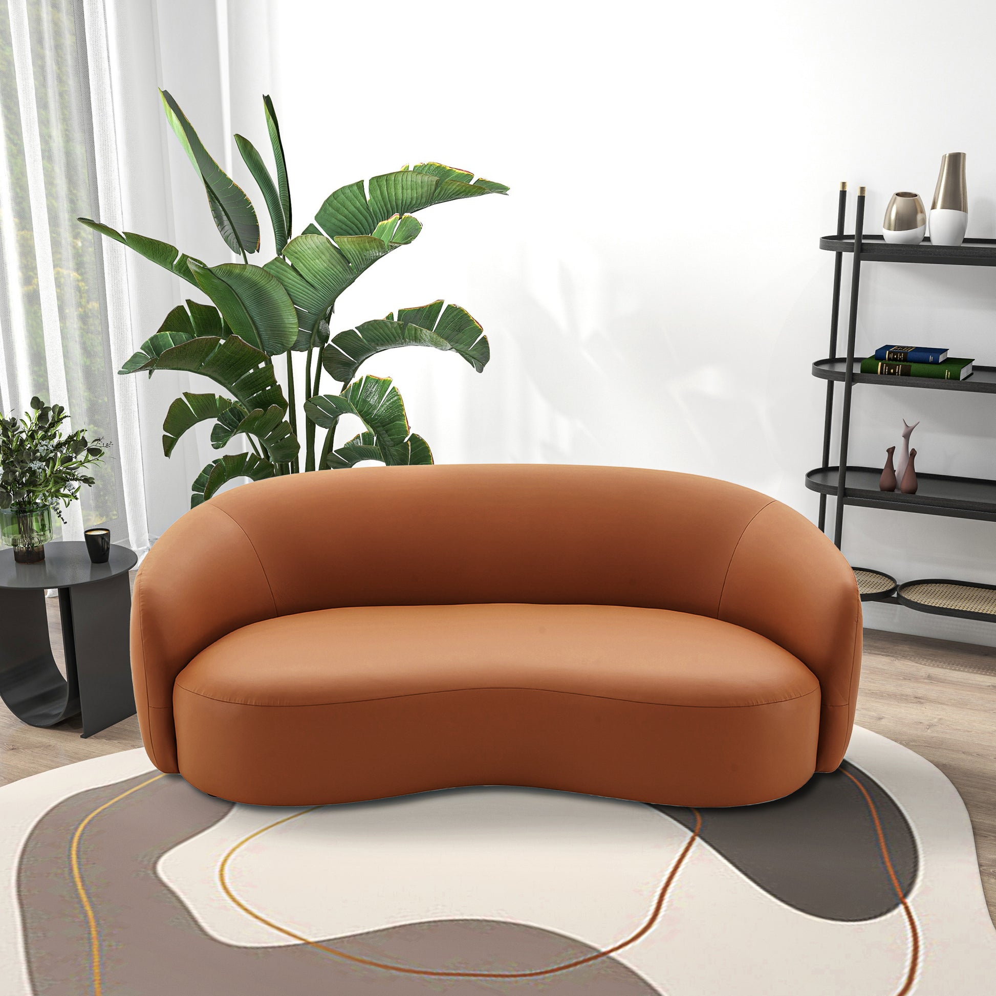 Porter Modern Curved PU Leather Sofa, Cognac