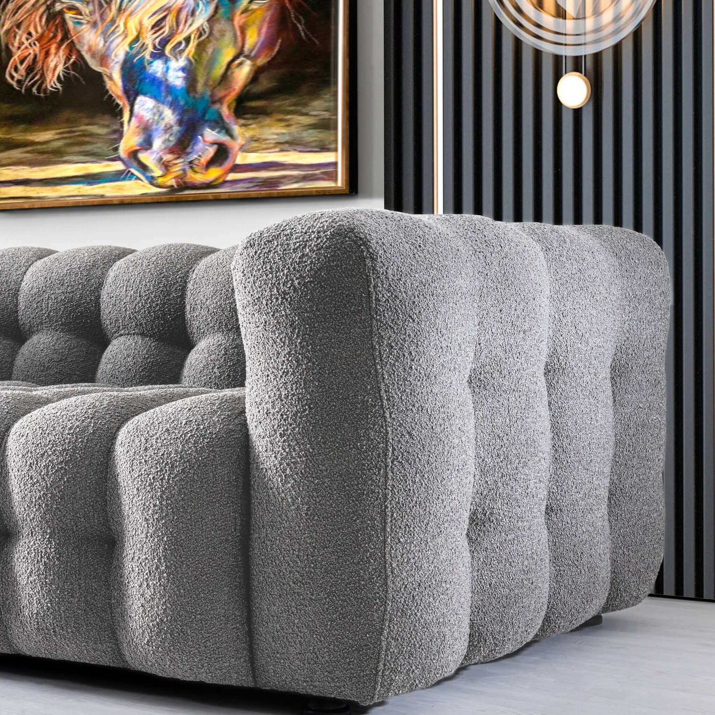 Eden Modern Cube Tufted Boucle Chesterfield, Gray