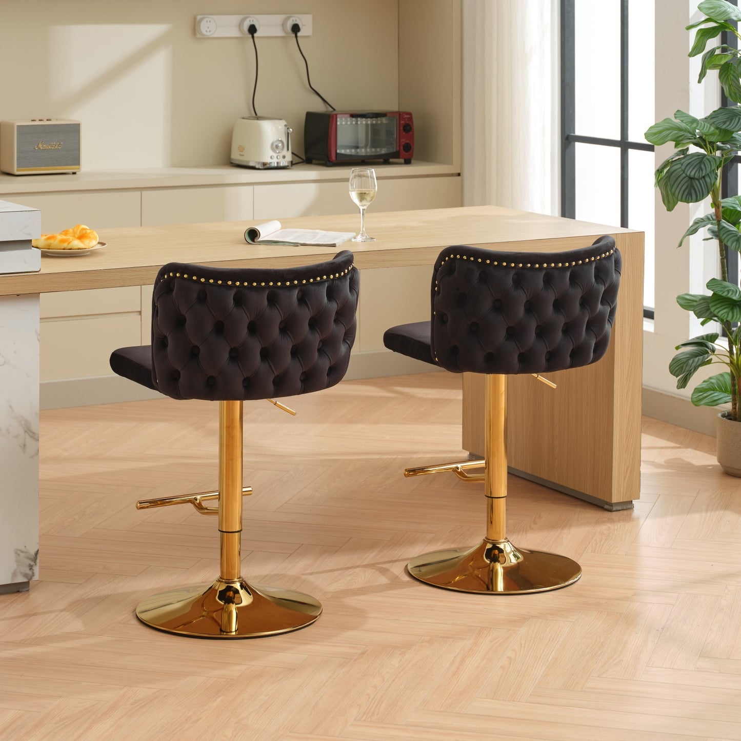 Junia Velvet Tufted Adjustable Height Bar Stools Set of 2 Black