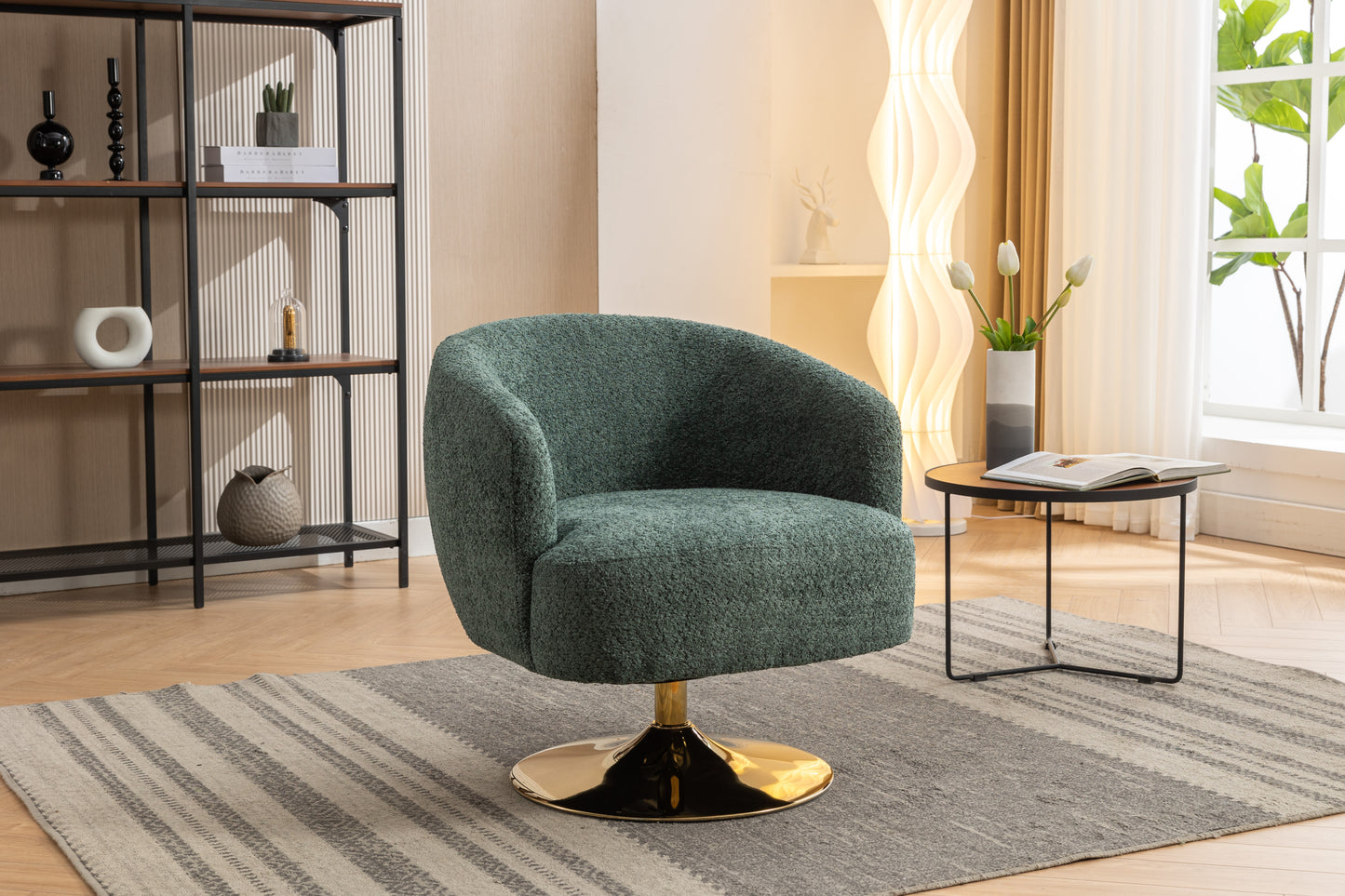 Chenille Fabric Green Accent Swivel Chair With Gold Metal Round Base