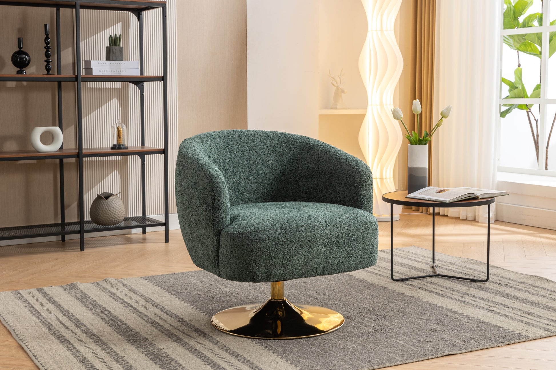 Chenille Fabric Green Accent Swivel Chair With Gold Metal Round Base