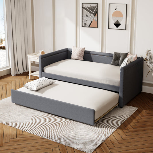 Kiri Modern Style Twin Size Linen Daybed & Trundle Set, Gray