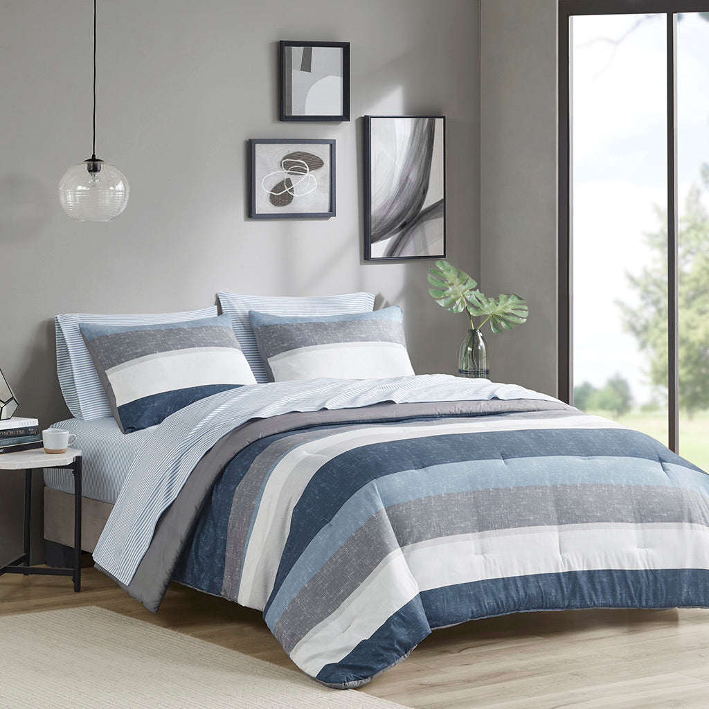 Stripe Comforter Set with Bed Sheets Blue/Grey