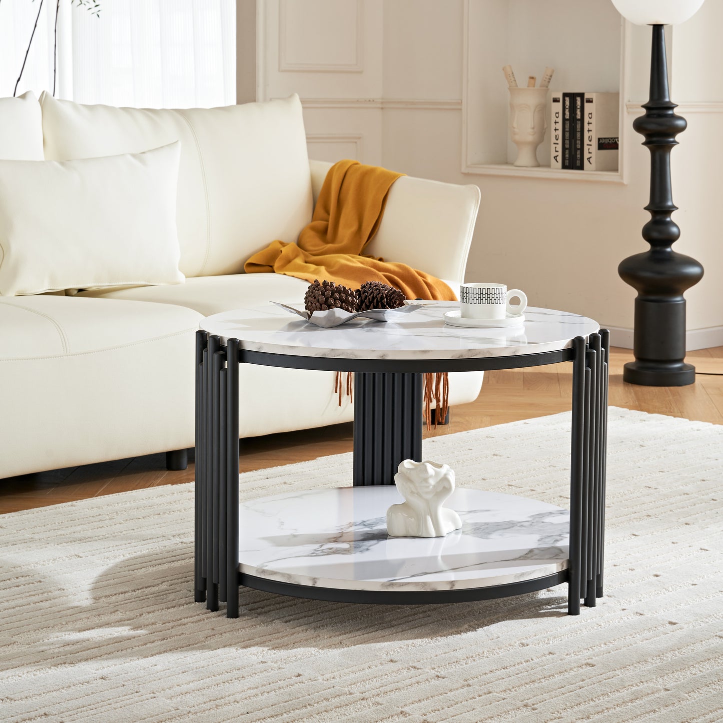 Juno Modern Round Faux Marble Coffee Table, Black & White