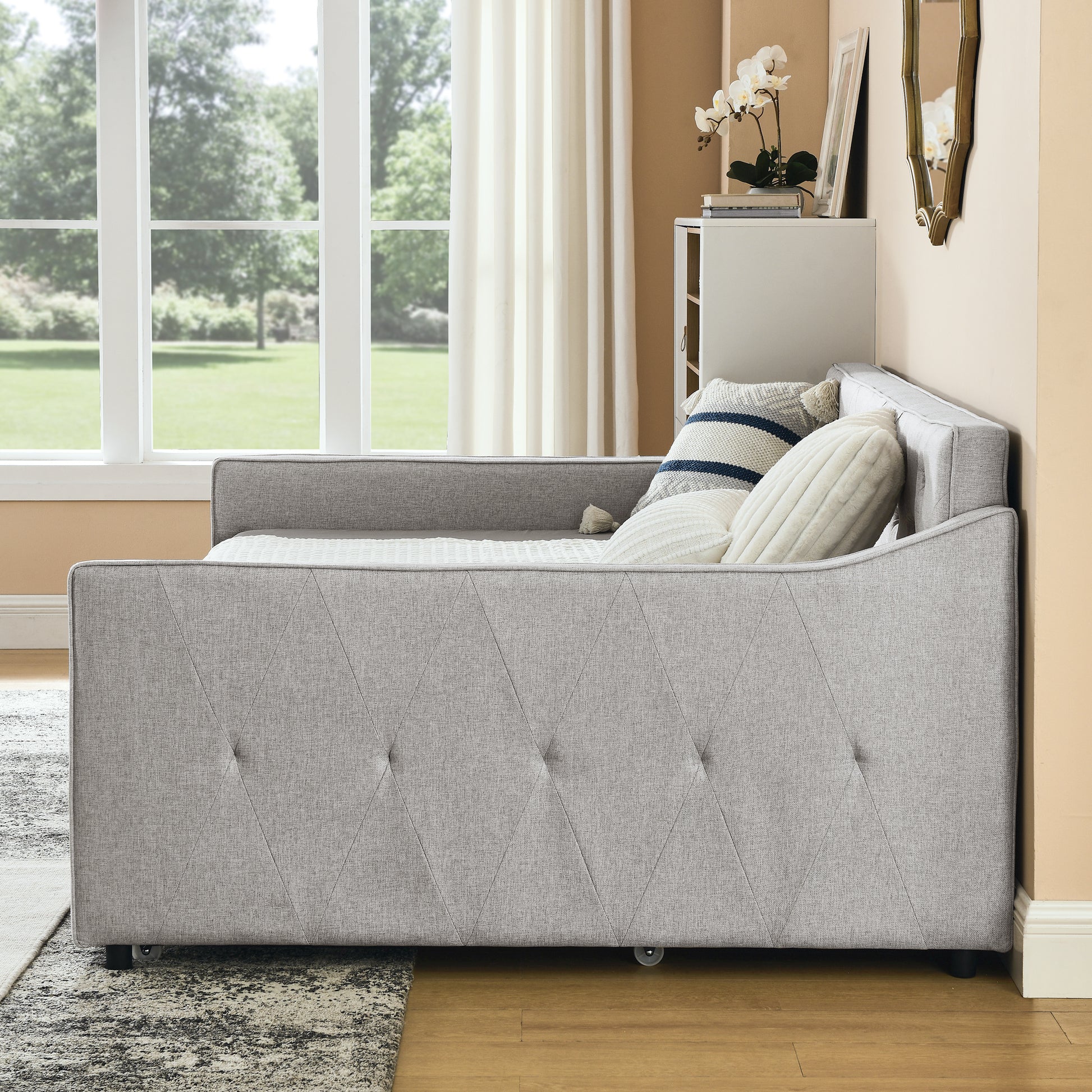 Aria Twin Size Linen Daybed & Trundle Set, Beige