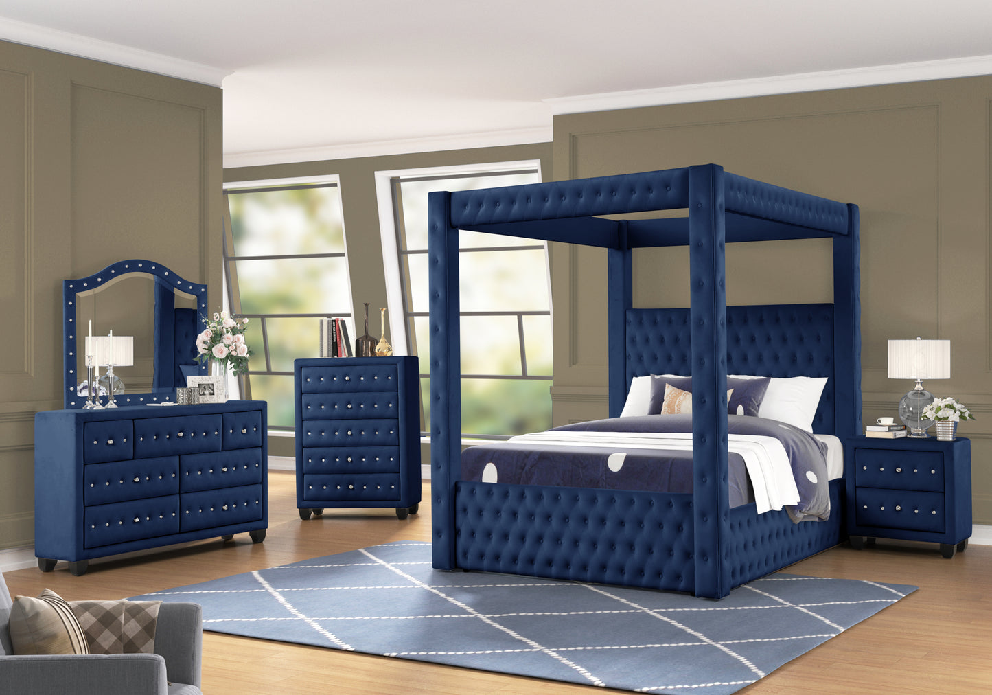 Nora Modern Luxury Velvet Canopy Bed, Blue