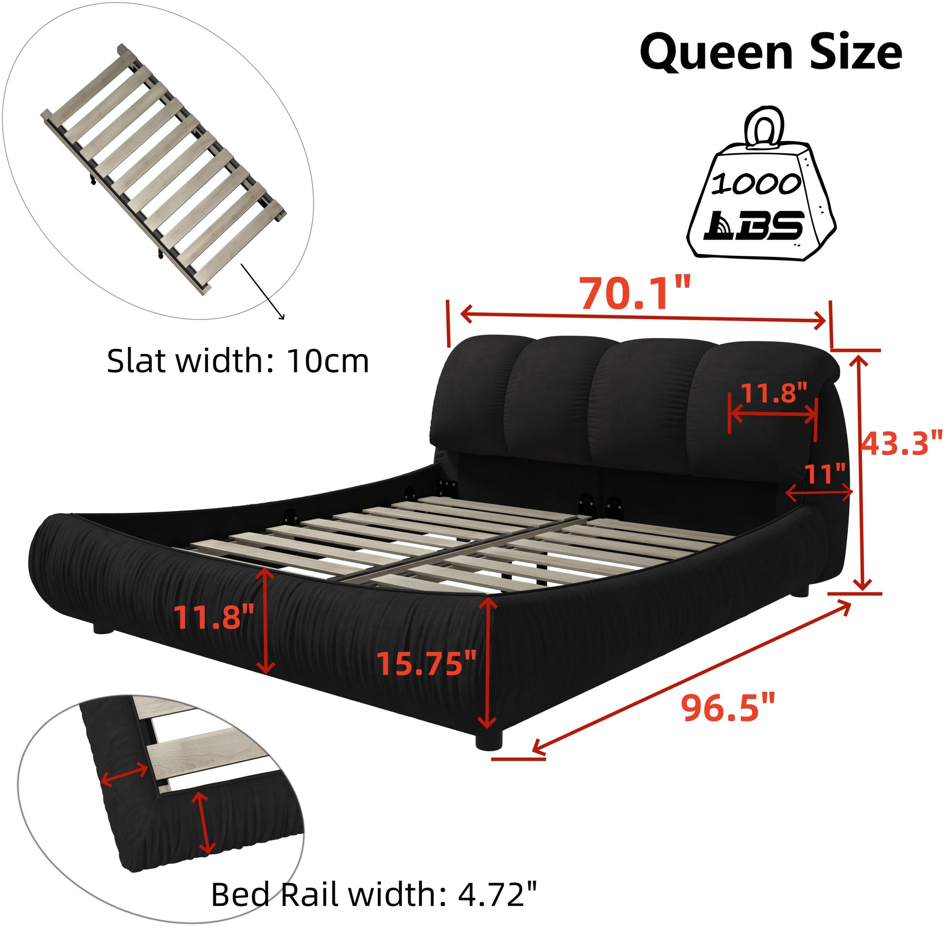 Calista Queen Platform Bed with Oversize Padded Headboard, Black