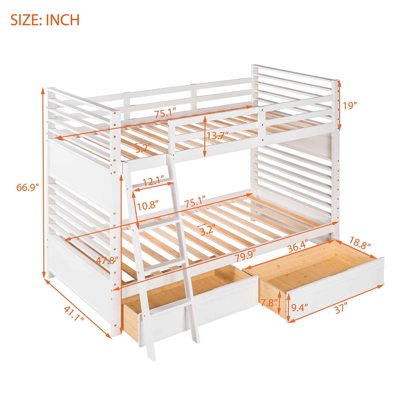 Rachel Twin over Twin Wood Bunk Bed with Two Drawers - White