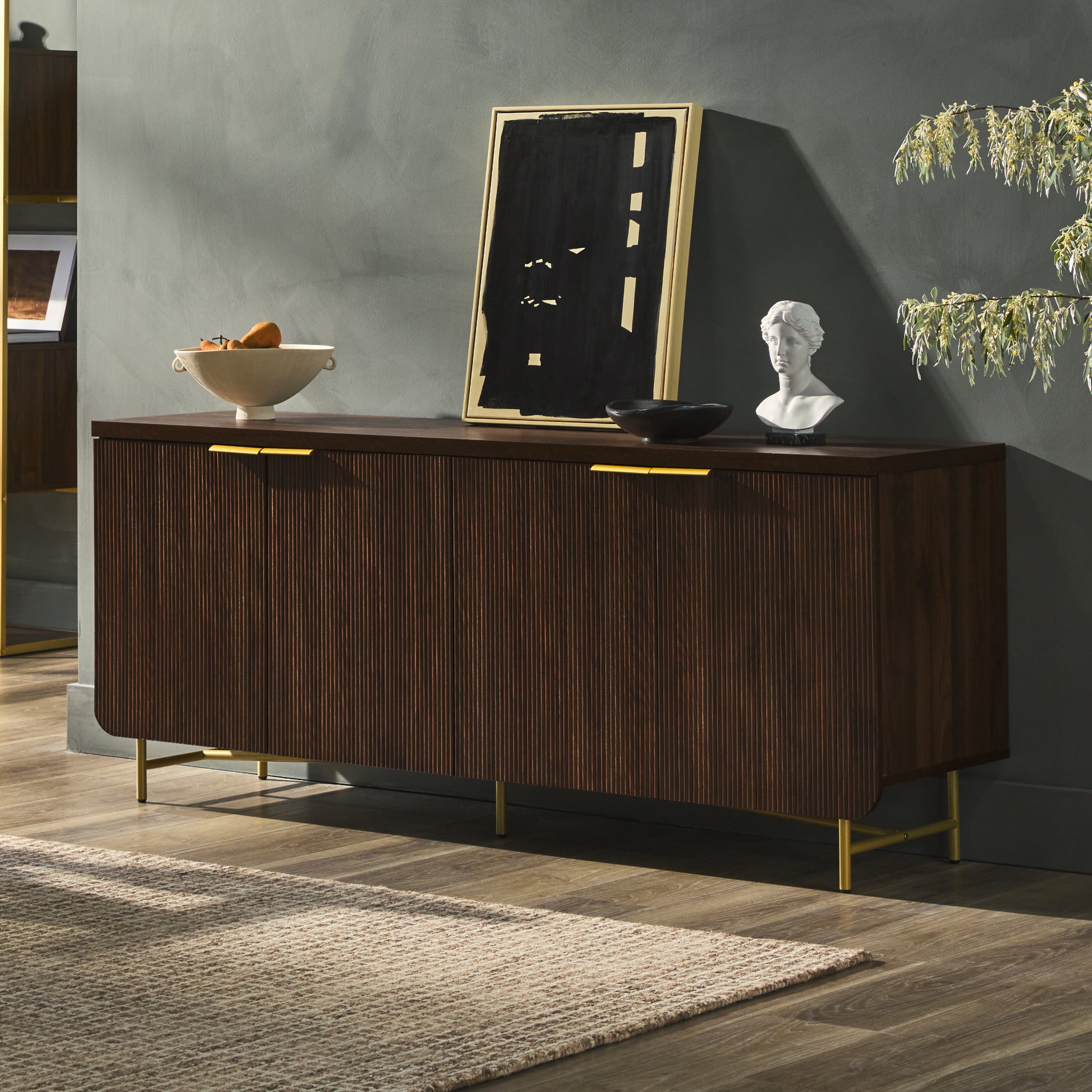 Holland Mid-Century Modern Fluted-Door Minimalist Storage Sideboard – Dark Walnut / Gold