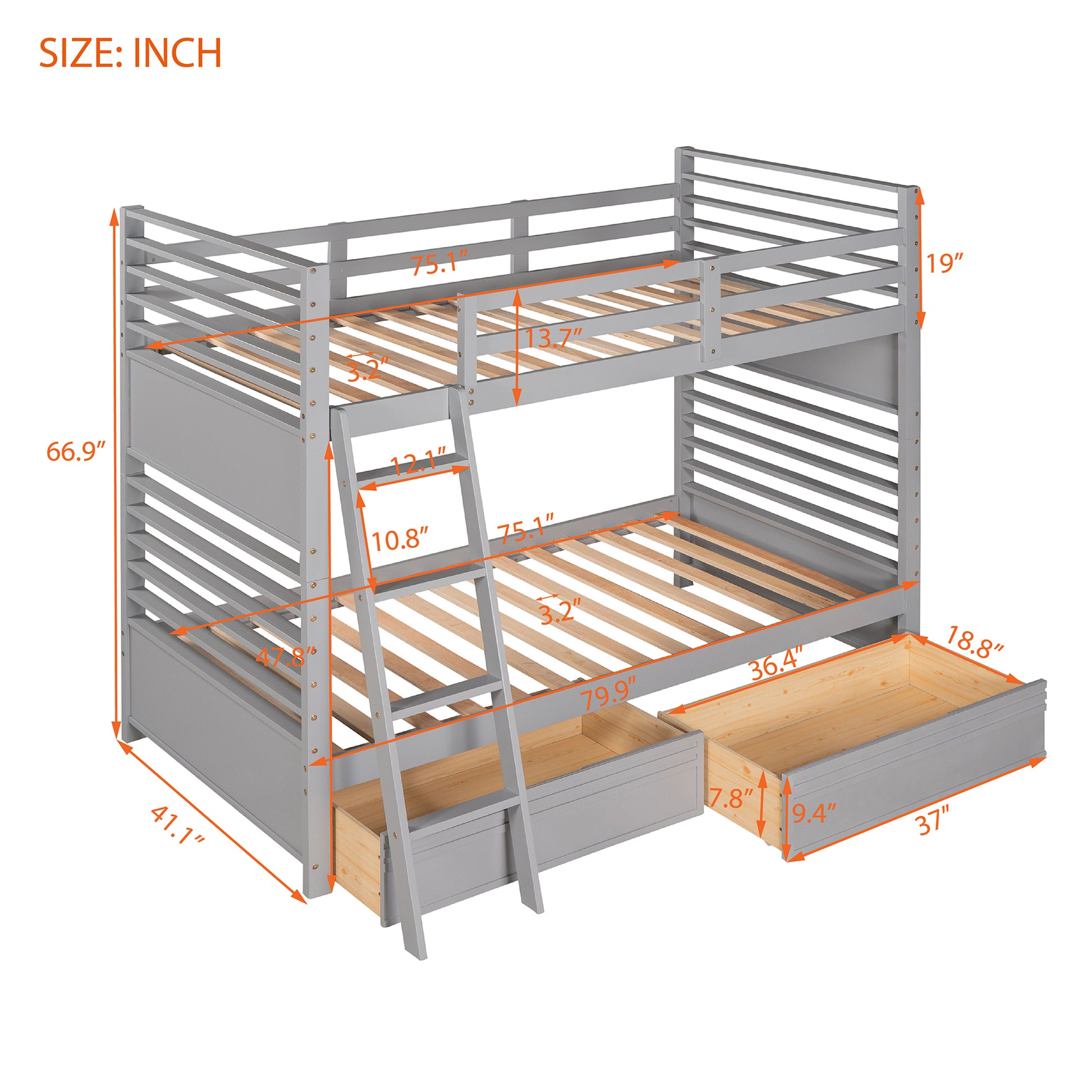 Rachel Twin over Twin Wood Bunk Bed with Two Drawers - Gray