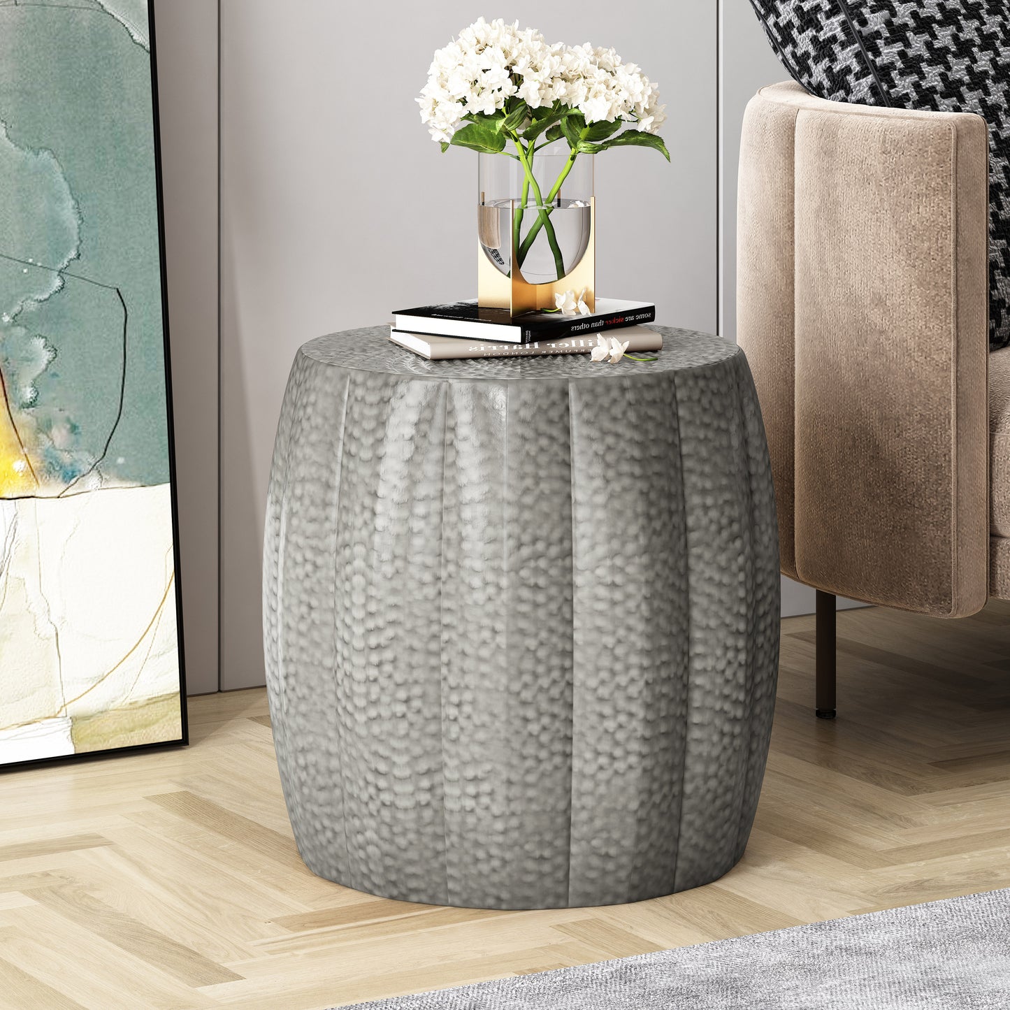 Sloane Hammered Metal Drum End Table, Silver