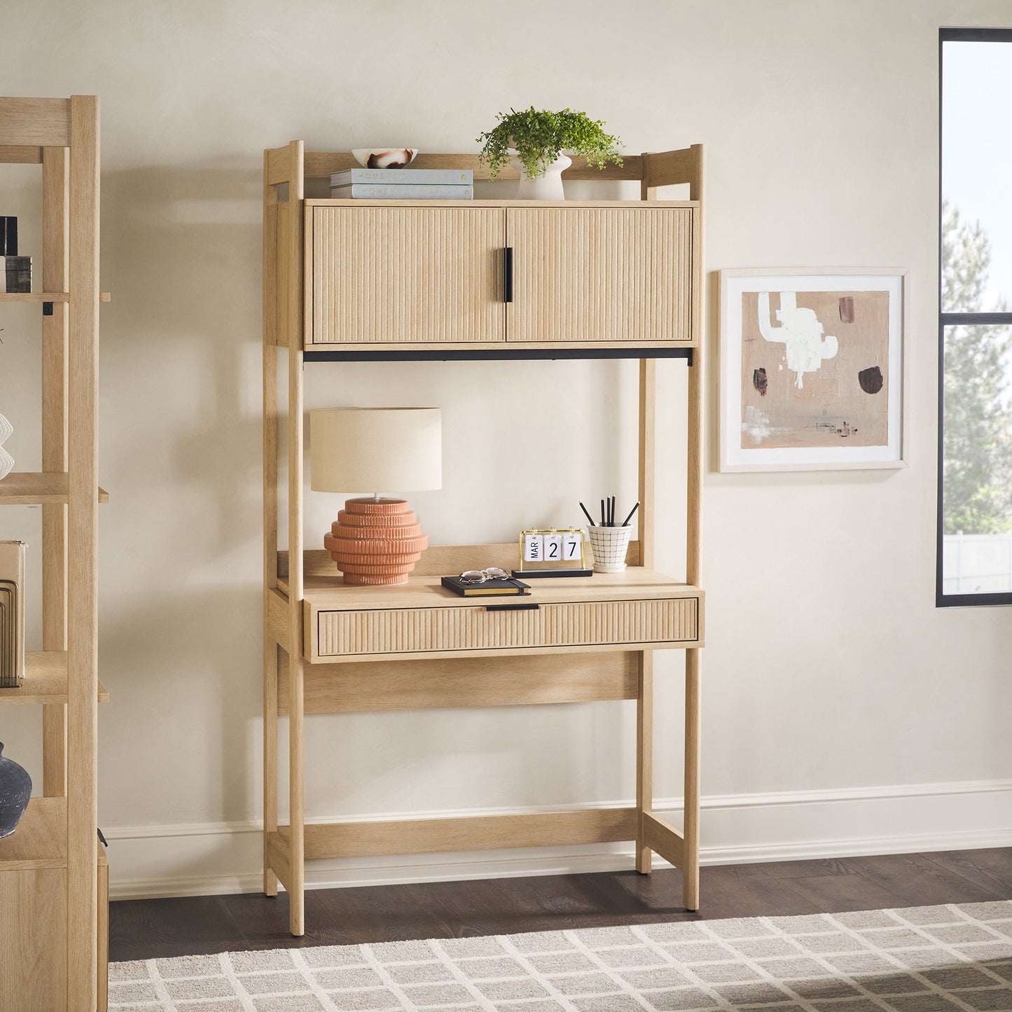 Transitional Reeded Desk with Hutch and Drawers Plus Tech Management - Oak