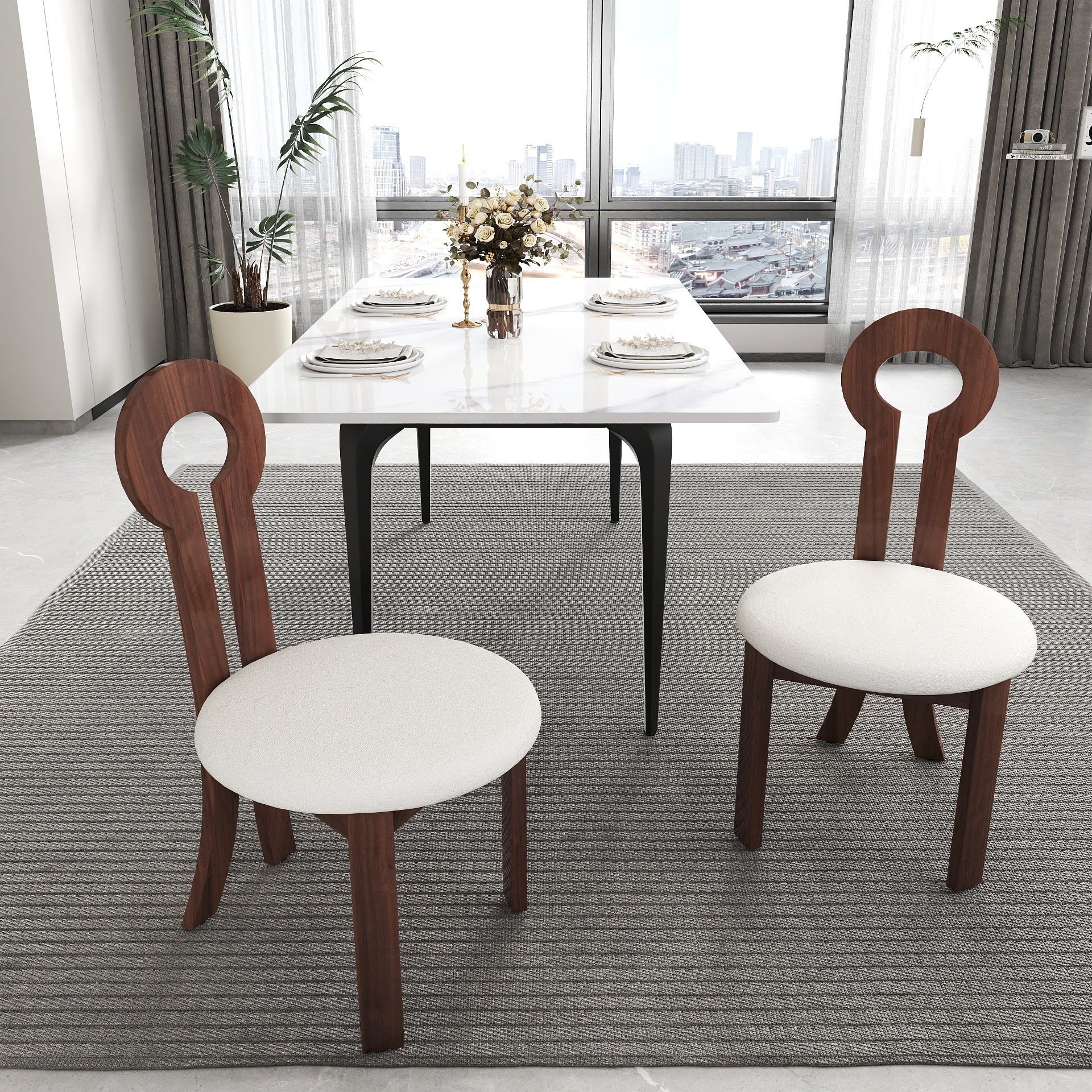 Mellon Modern Wooden Side Chairs with Faux Sheep Seats, Natural & White