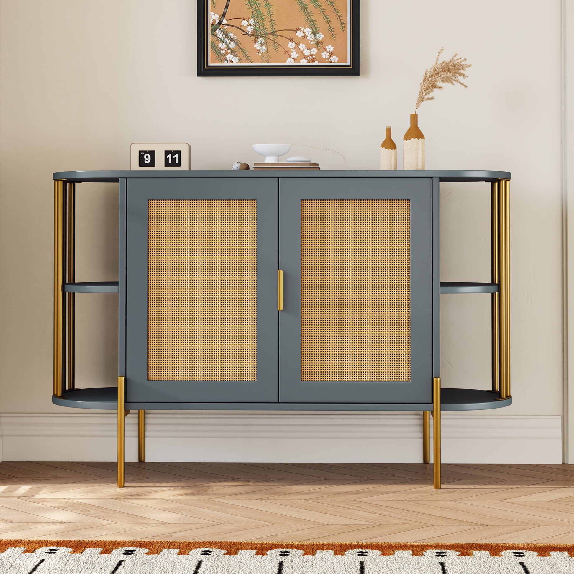 Dinara Elegant Curved Cabinet with Gold Trim & Rattan Doors, Dark Gray