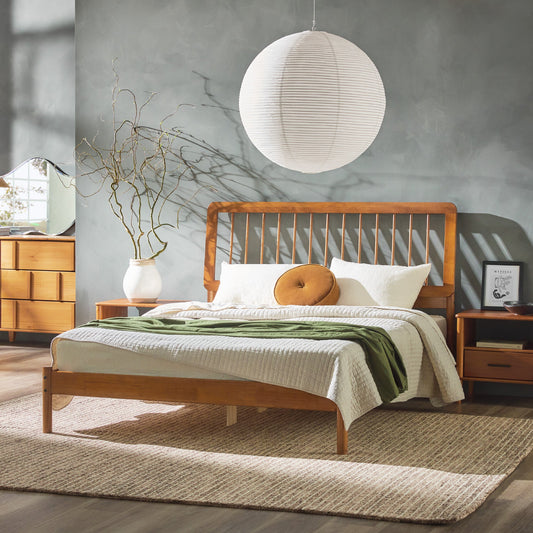 Wyatt Mid-Century Modern Solid Wood Queen Spindle Bed – Caramel