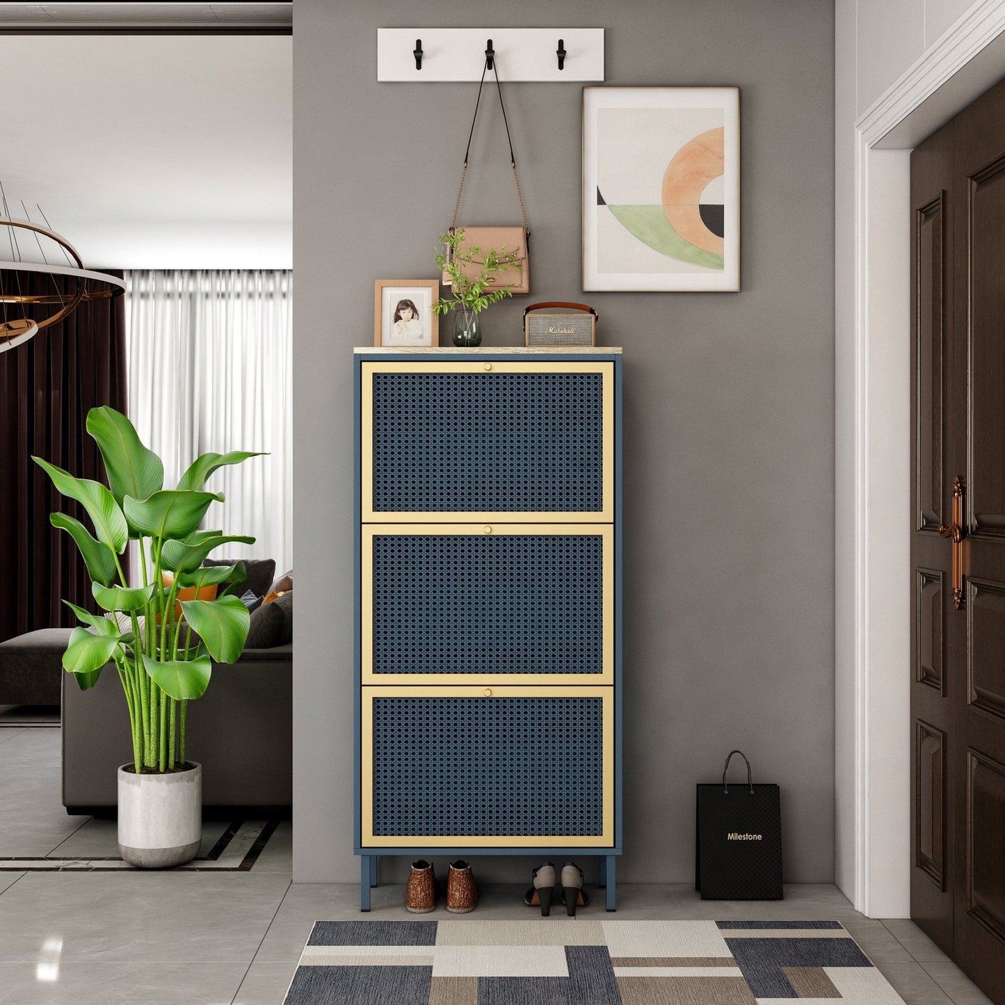 Riley Mid-Century Modern Shoe Cabinet - Blue & Gold