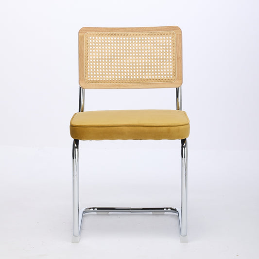 Matilda Mid-Century Modern Side Chairs with Rattan Back & Velvet Seat Set of 2 Gold