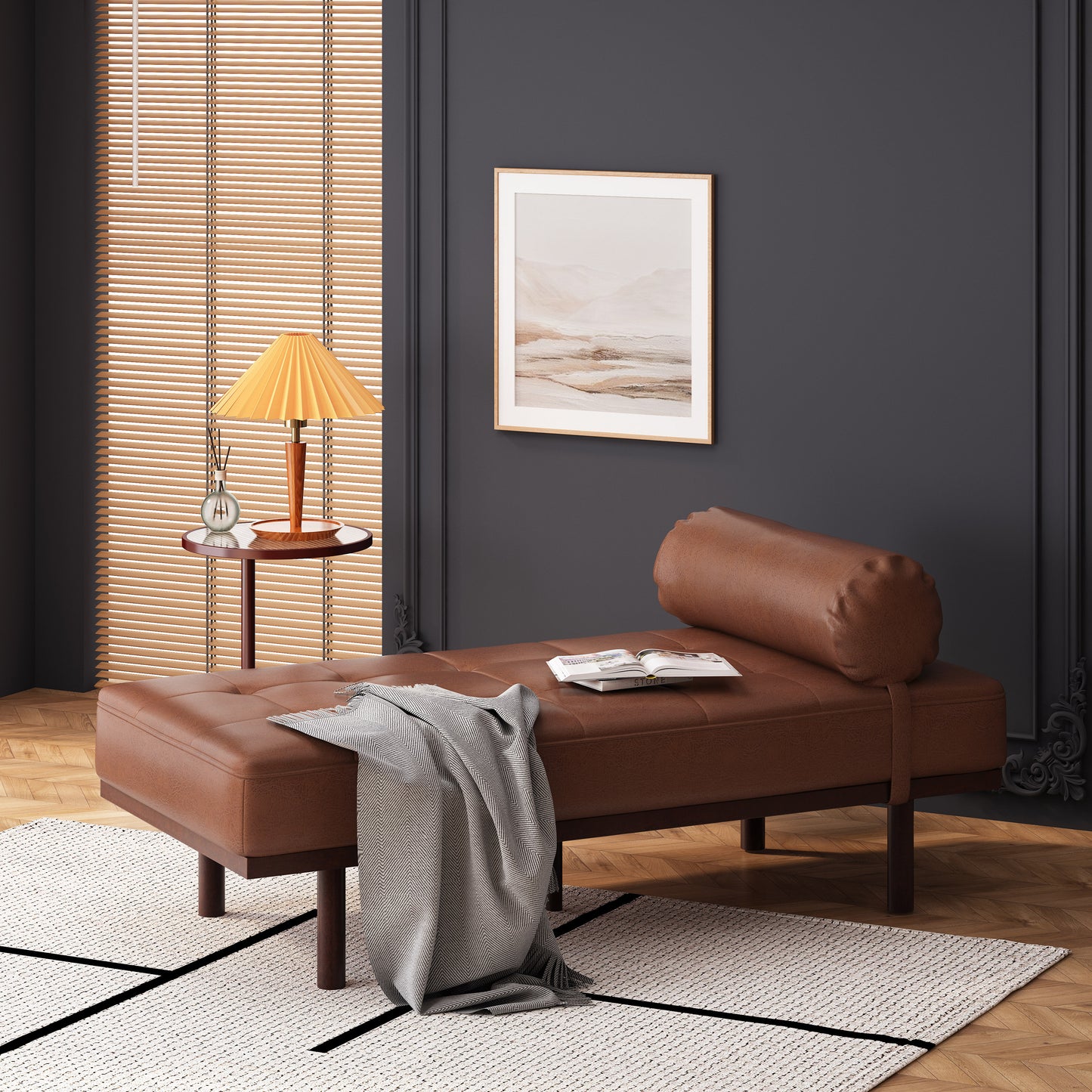 Sylvia Mid-Century Modern PU Leather Chaise Lounge, Brown