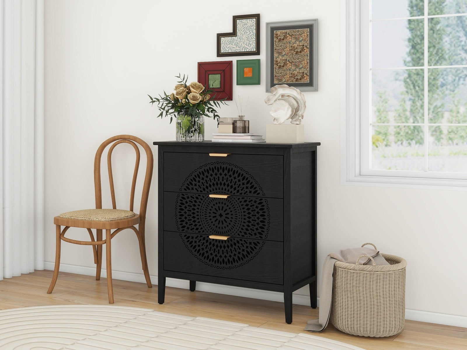 Jordan Modern 3-Drawer Hollow-Carved Accent Cabinet - Black & Gold