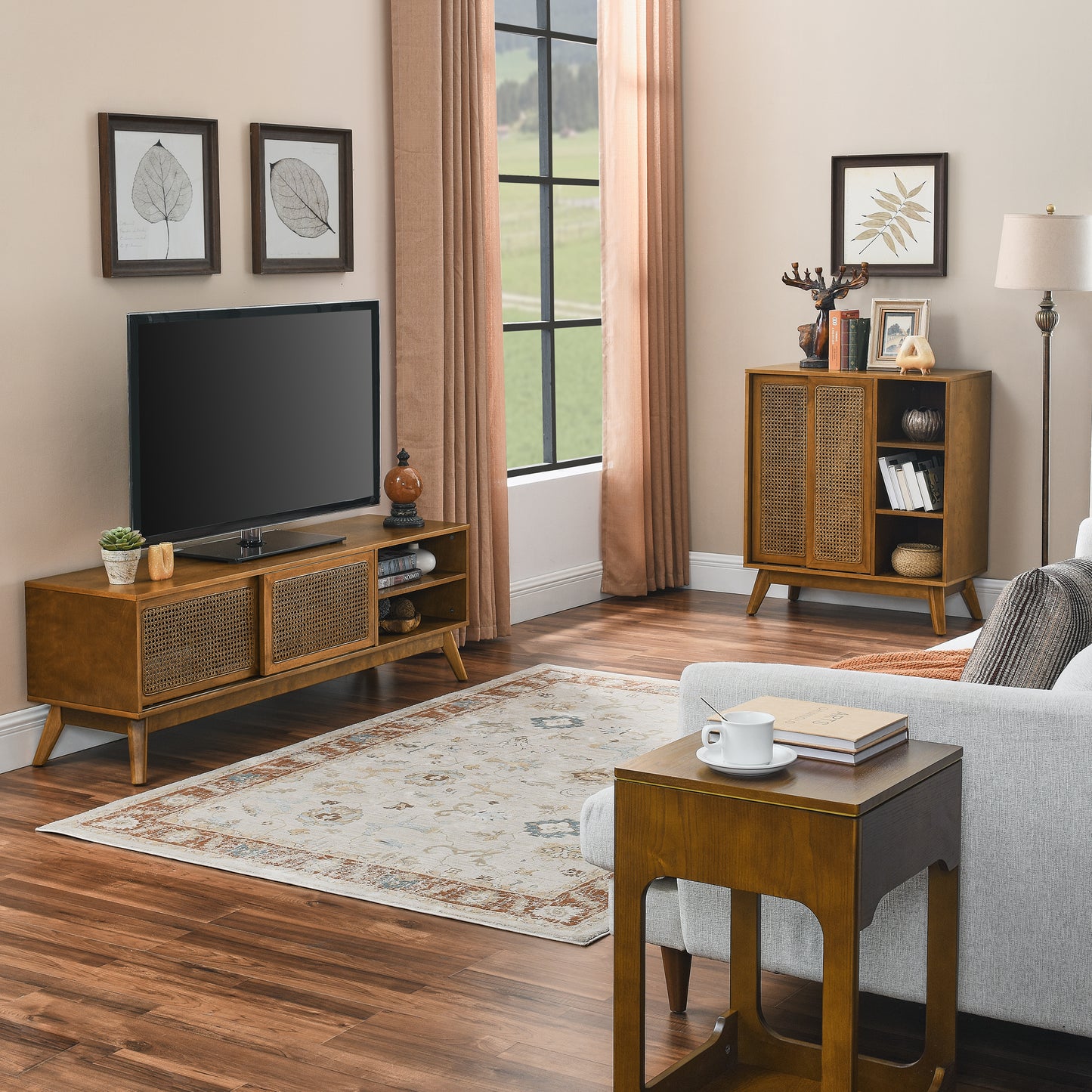 Margot Mid-Century Modern Cabinet in Walnut with Rattan Doors