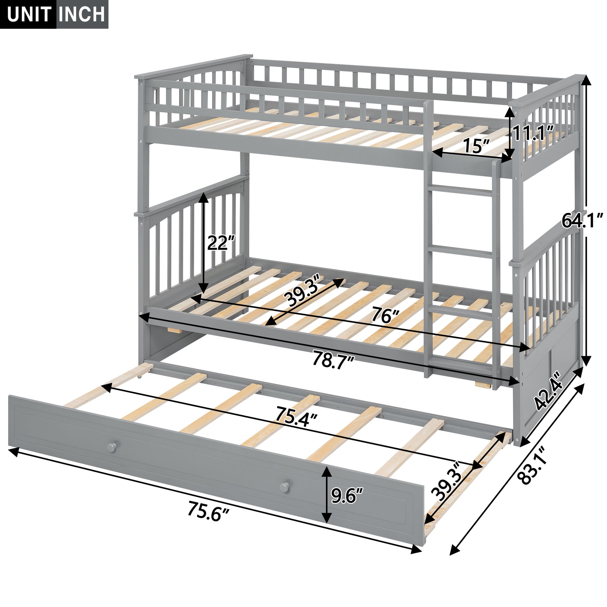 Carter Twin over Twin Bunk Bed with Twin Size Trundle, Convertible Beds, Gray