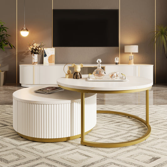 Maggie Modern Round Nesting Coffee Table Fluted with Drawer in White & Gold in 31.5''