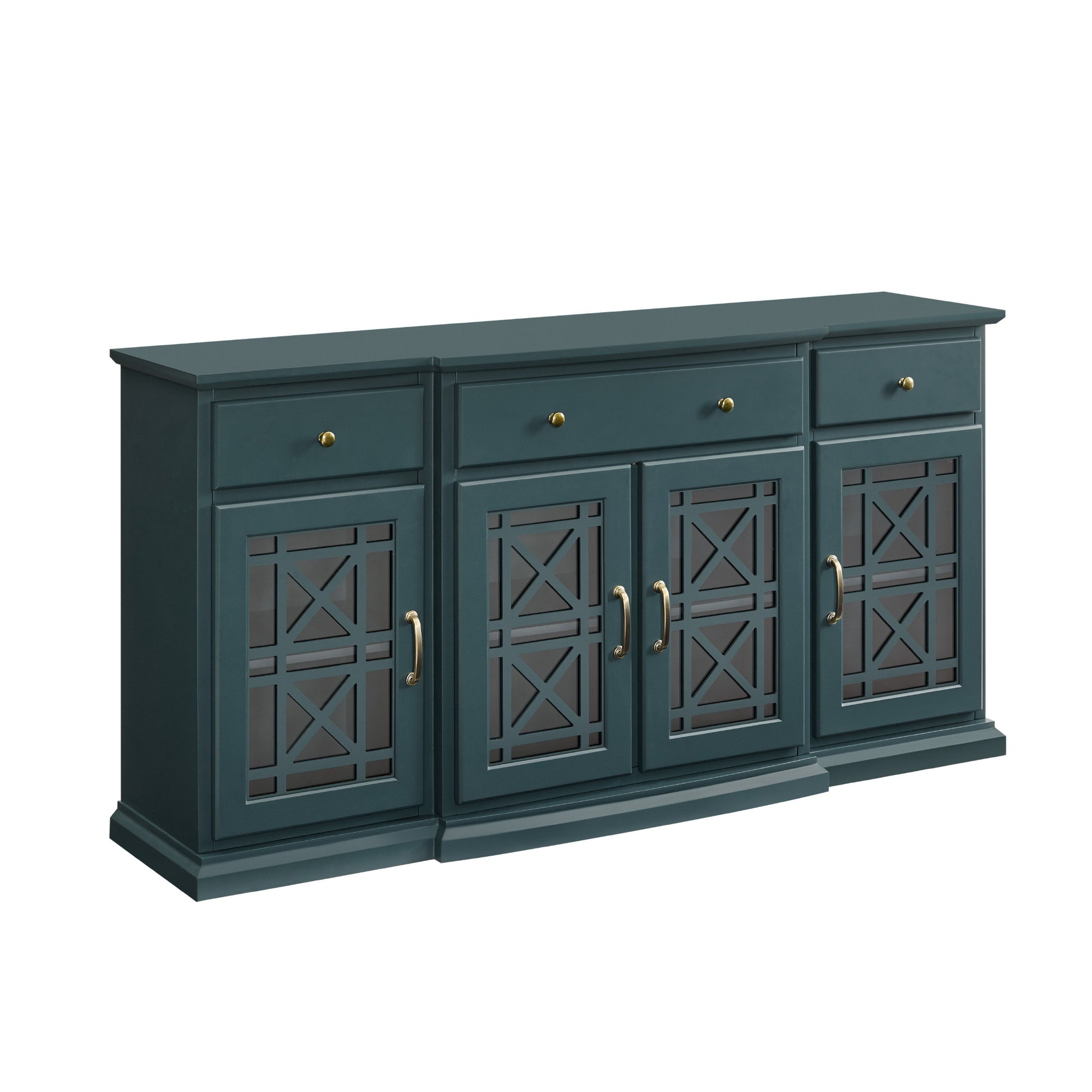 Faye Classic Fretwork Detailed Glass-Door Sideboard - Dark Teal