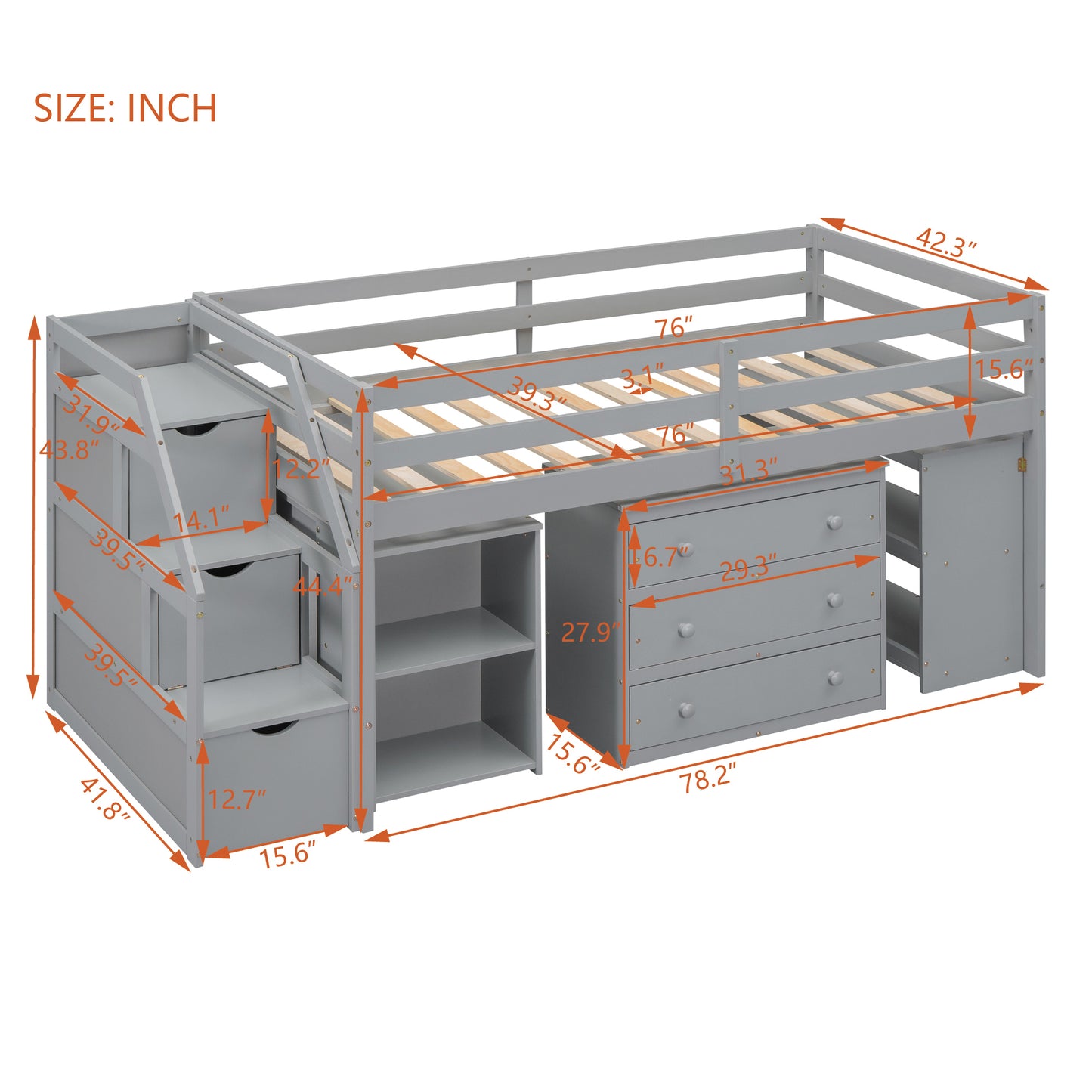 Brittany Twin Size Loft Bed with Retractable Writing Desk and 3 Drawers, Gray