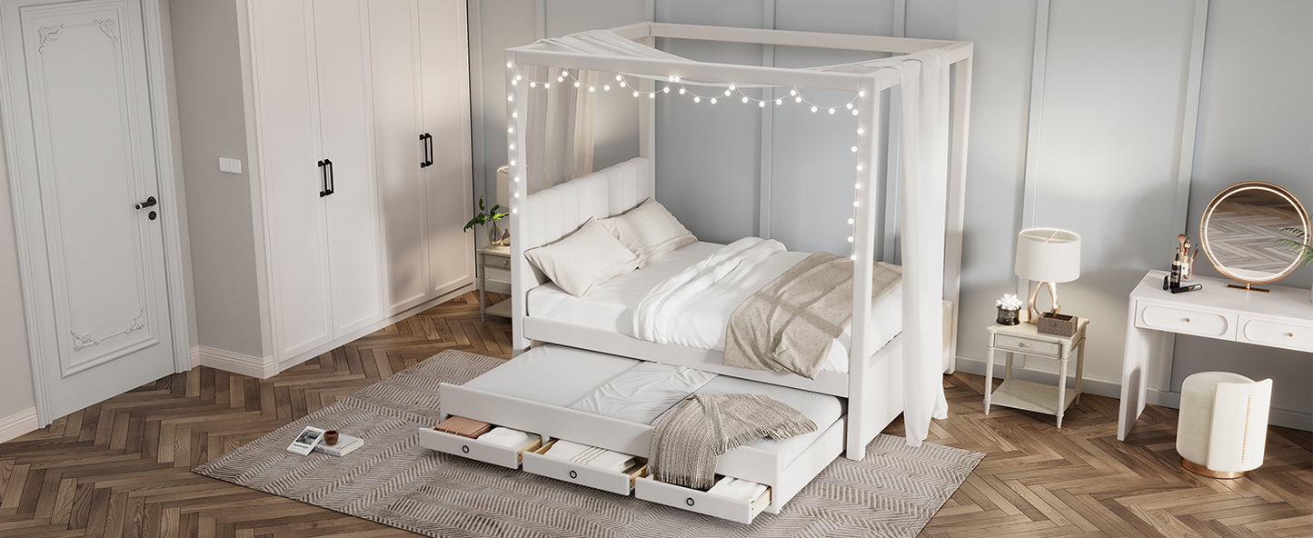 Nami Canopy Platform Bed with Trundle and Three Storage Drawers, Beige