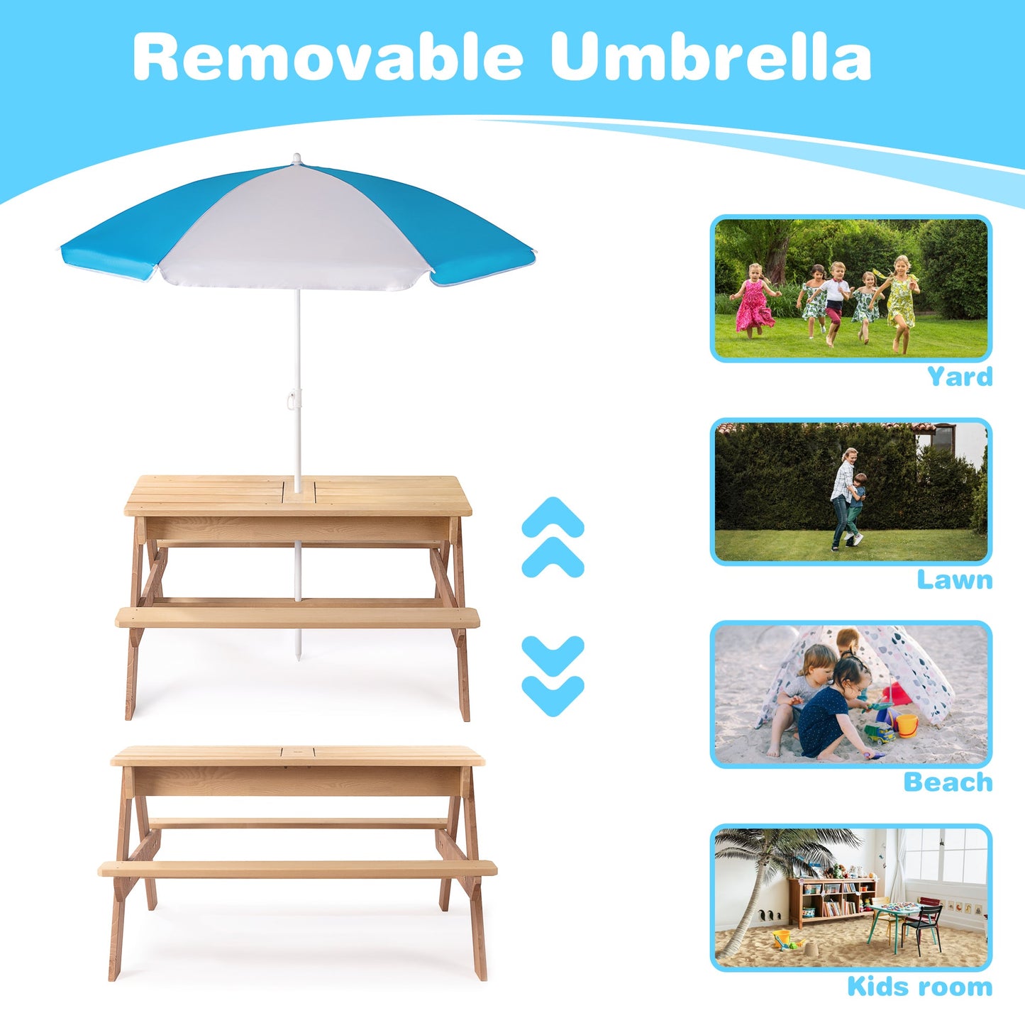 3-in-1 Kids Outdoor Wooden Picnic Table With Umbrella