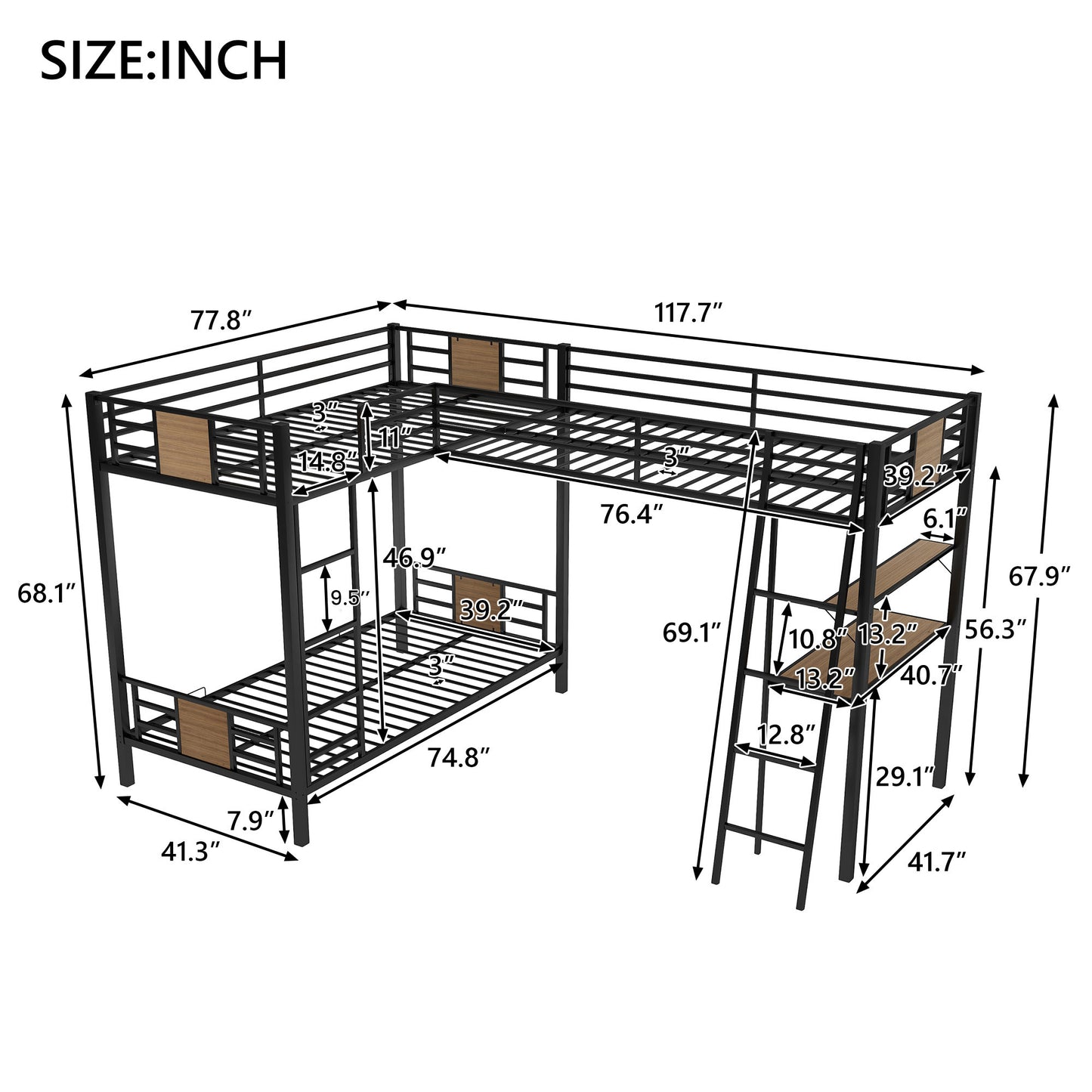 Roberto L-Shaped Twin over Twin Bunk Bed with Twin Size Loft Bed with Desk and Shelf ,Brown