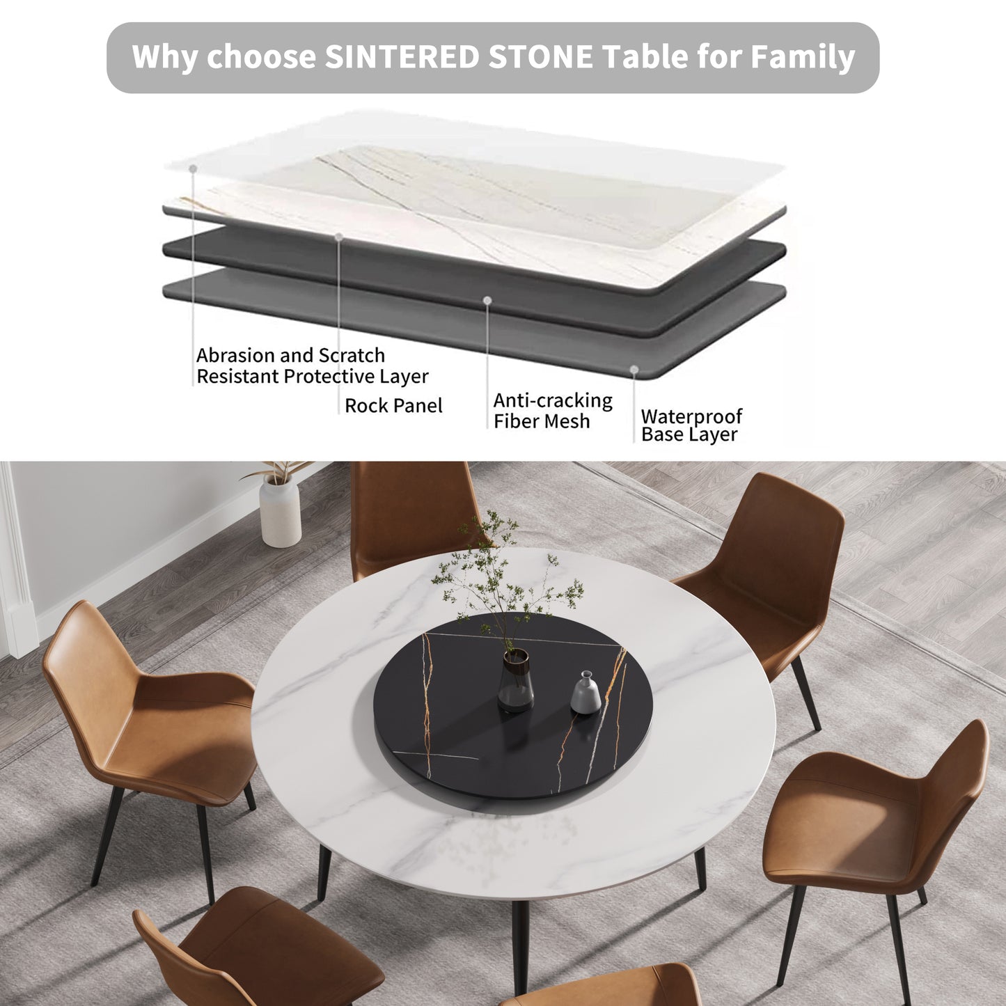 Aurelia 59" Modern Artificial Stone Dining Table with Lazy Susan