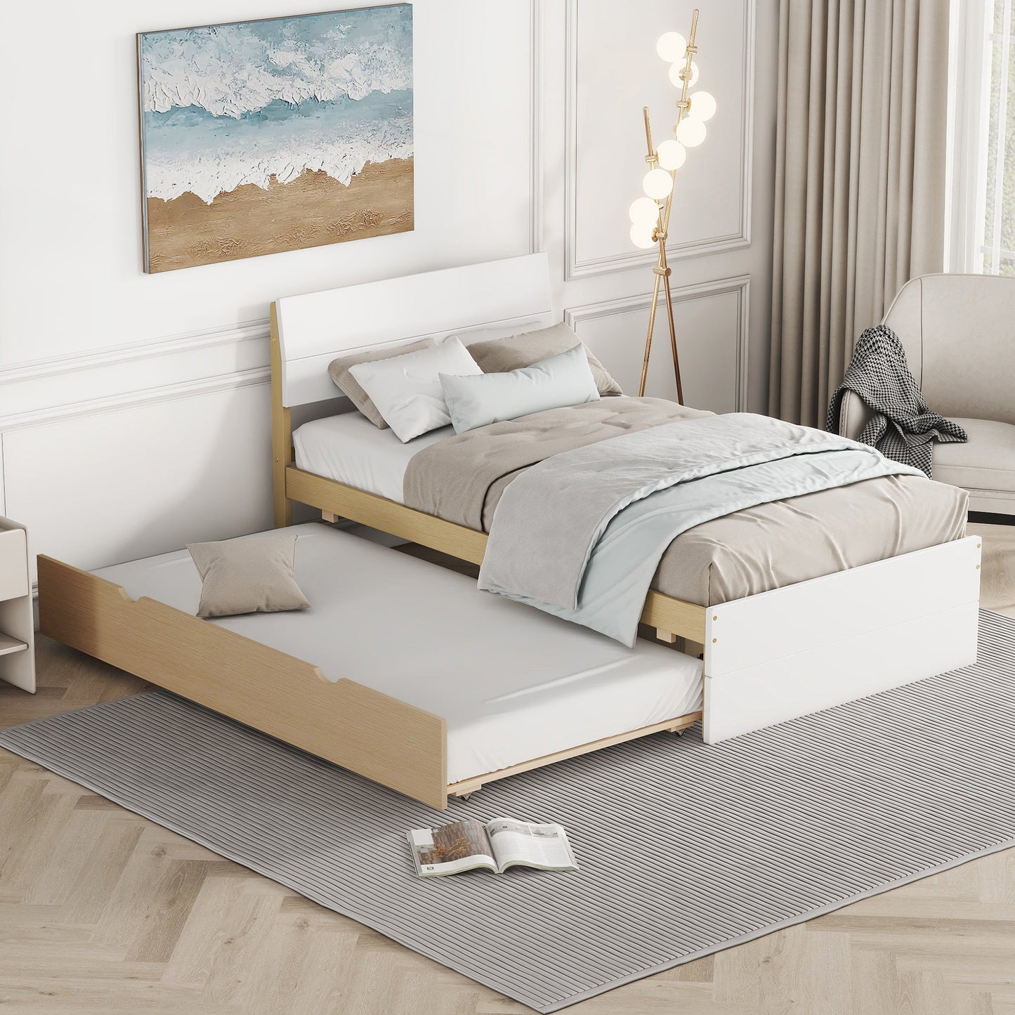 Juniper Modern Twin Bed Frame For White High Gloss Headboard and Footboard With Light Oak Trundle