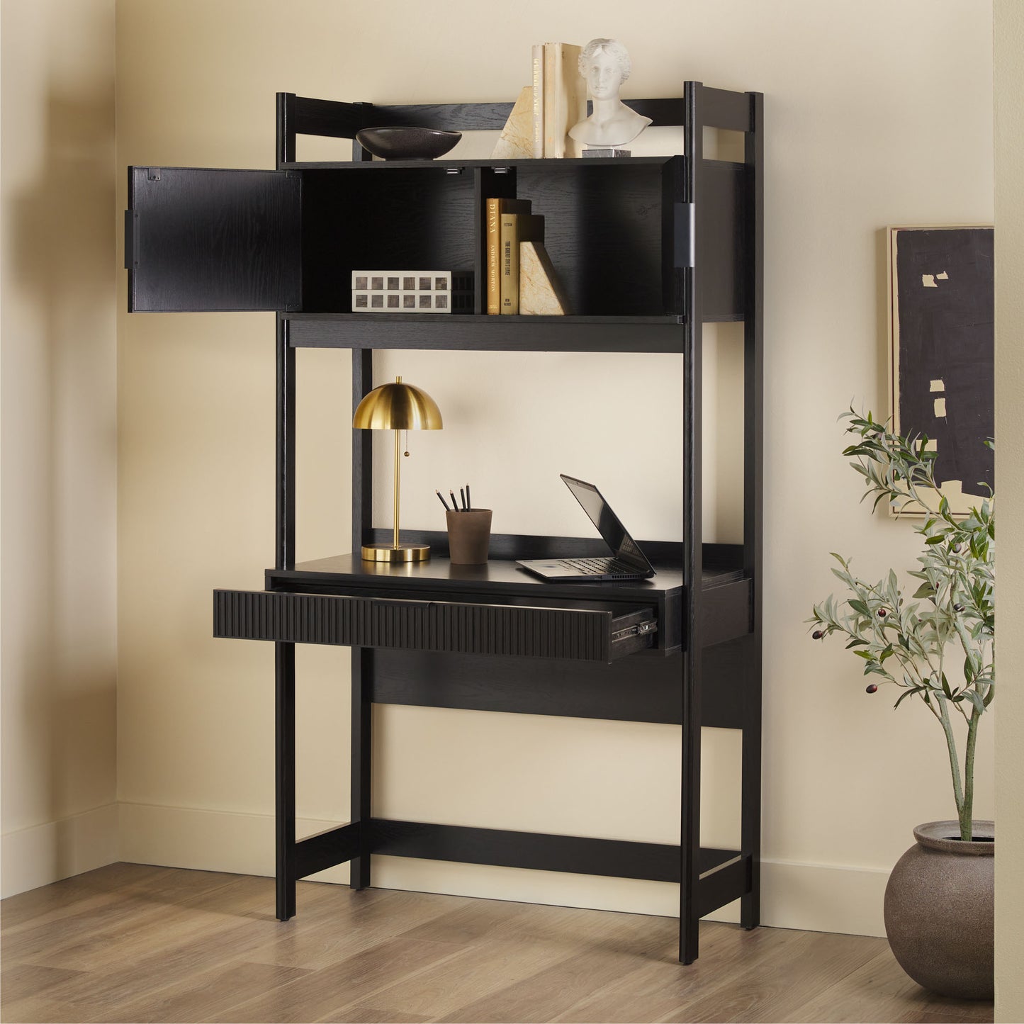 Transitional Reeded Desk with Hutch and Drawers Plus Tech Management - Black