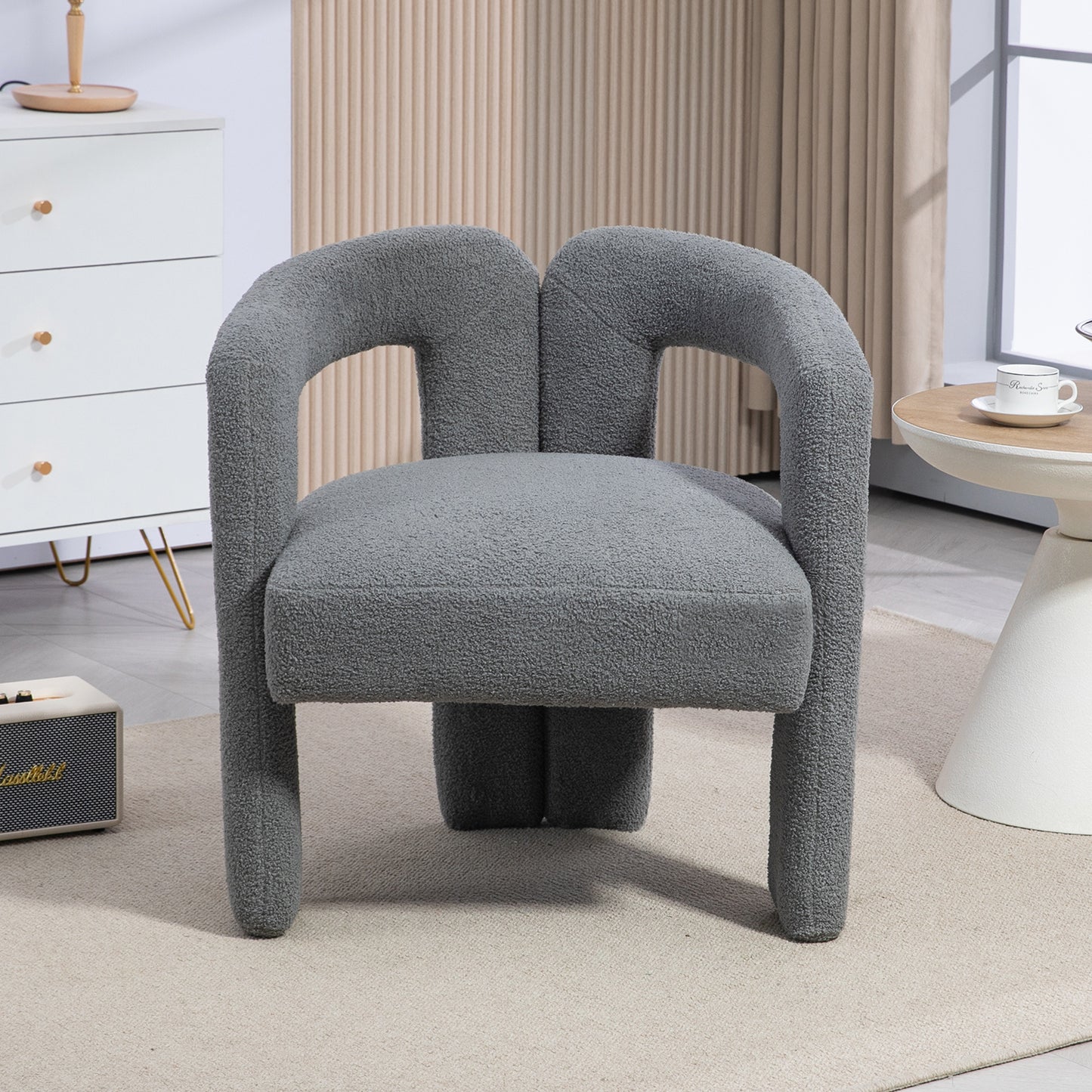 Contemporary Grey Teddy Fabric Dining Chair with Open Back for Dining Room