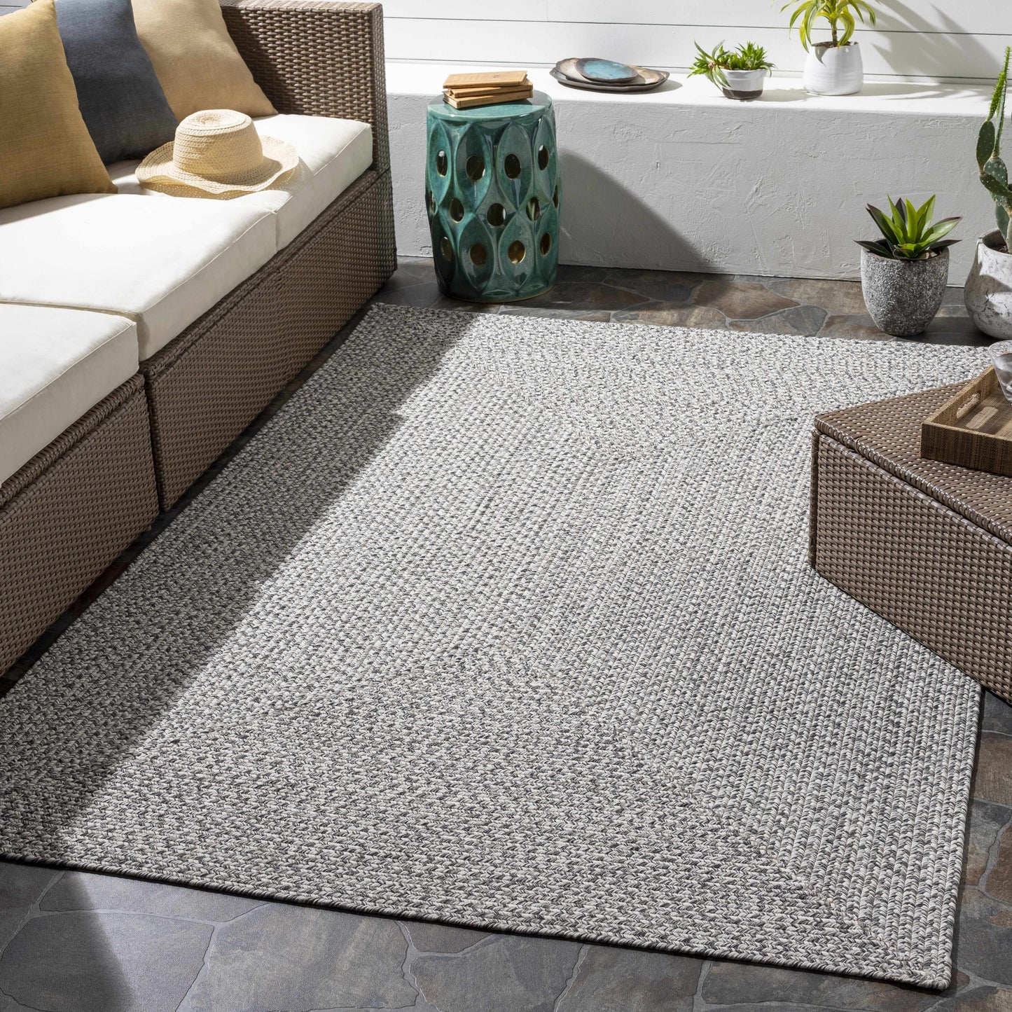 Cream Charcoal Braided Faux Jute Rug