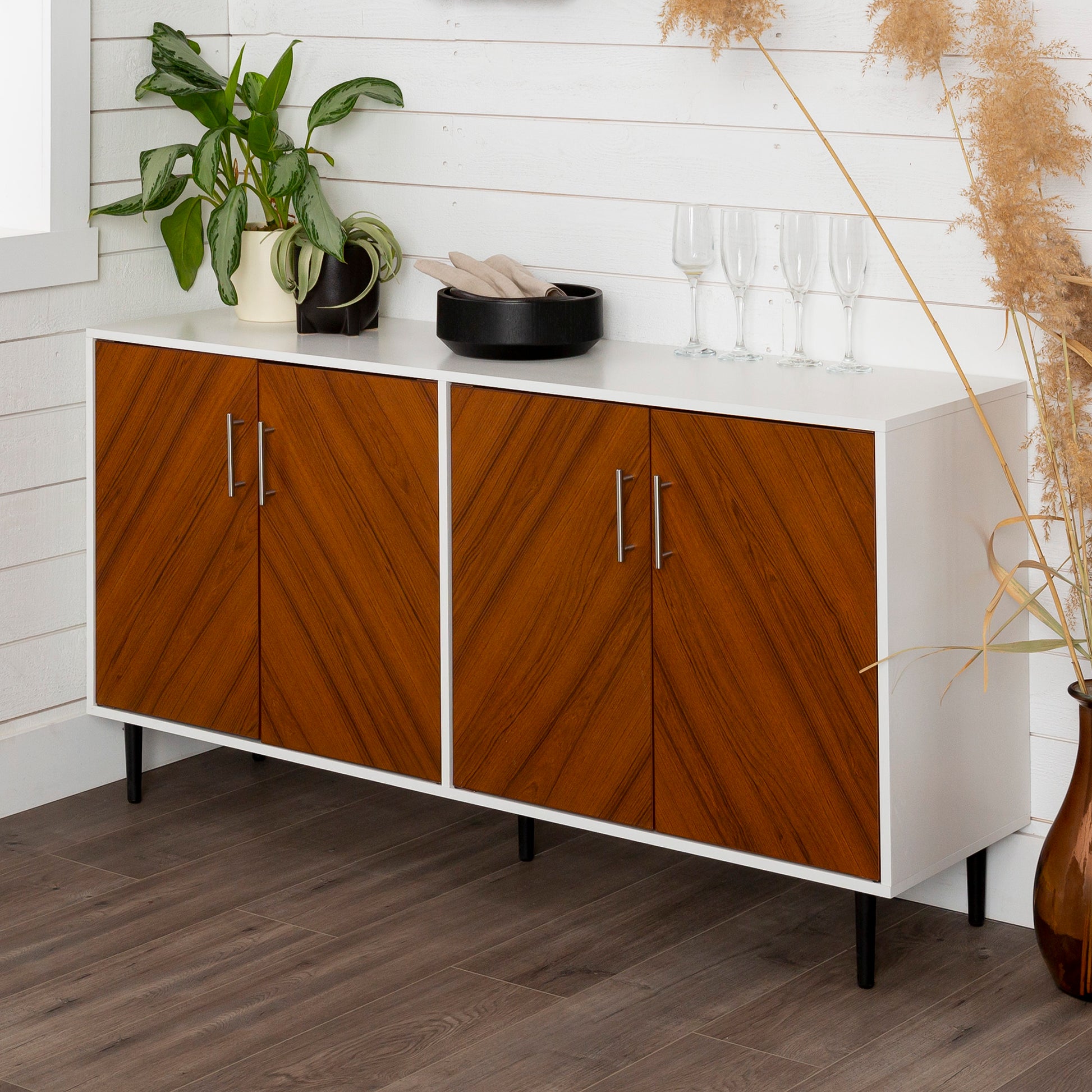 Cassandra Mid-Century Modern Faux-Bookmatch Door Buffet - White/Teak