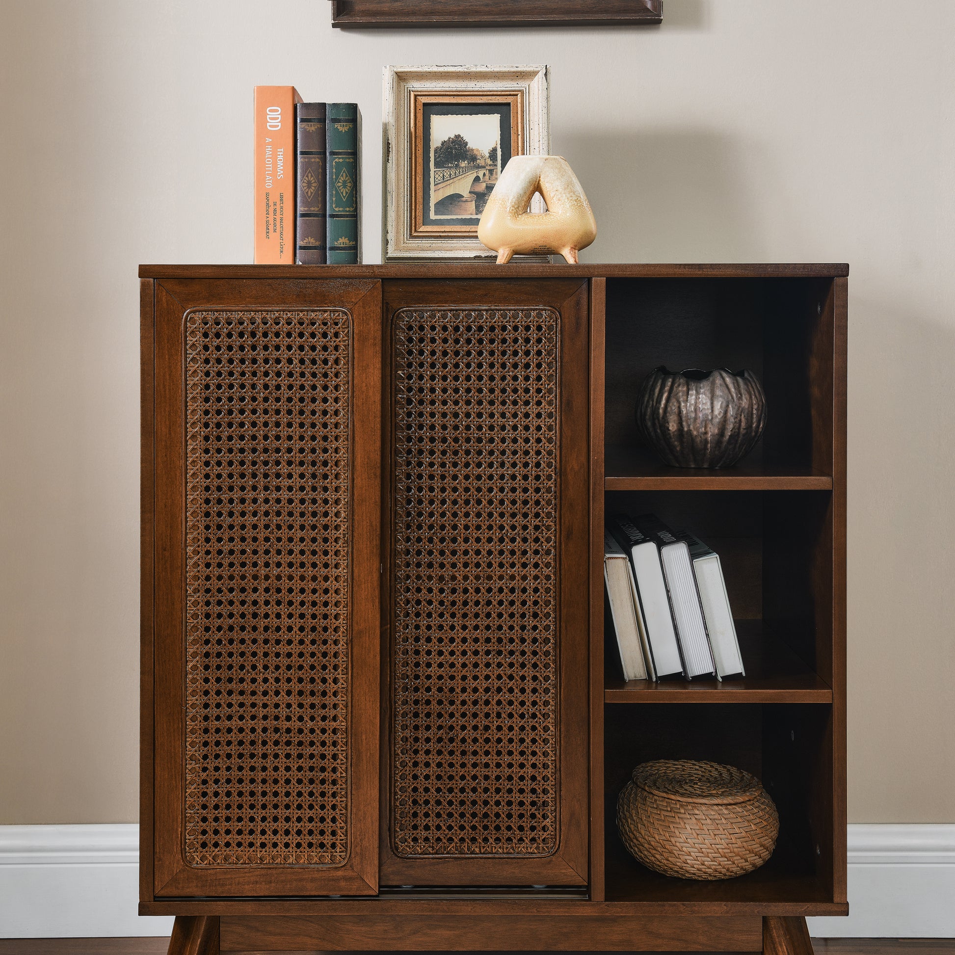 Margot Mid-Century Modern Cabinet in Dark Walnut with Rattan Doors