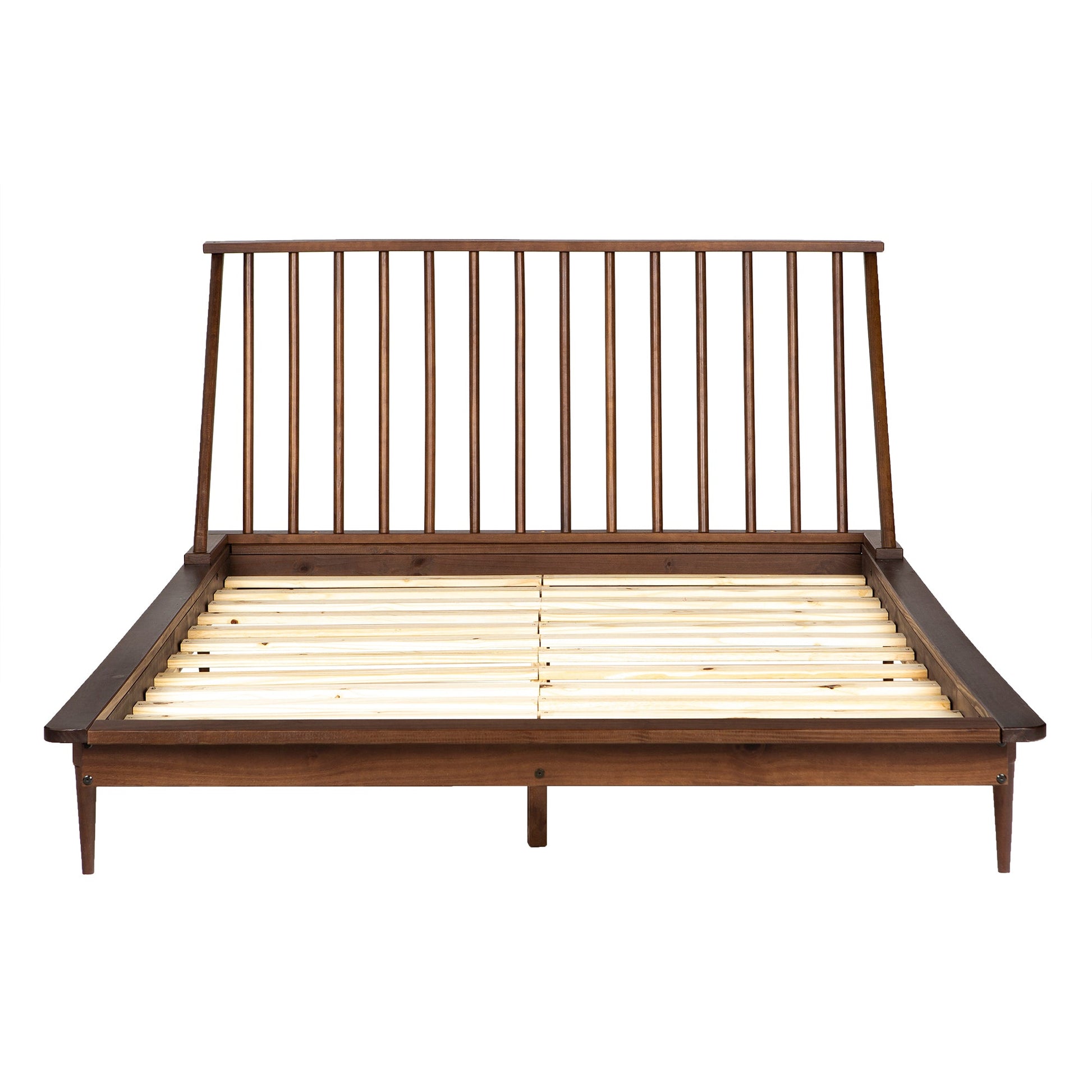 Morgan Mid-Century Modern Solid Wood Queen Platform Bed Frame with Spindle Headboard - Walnut