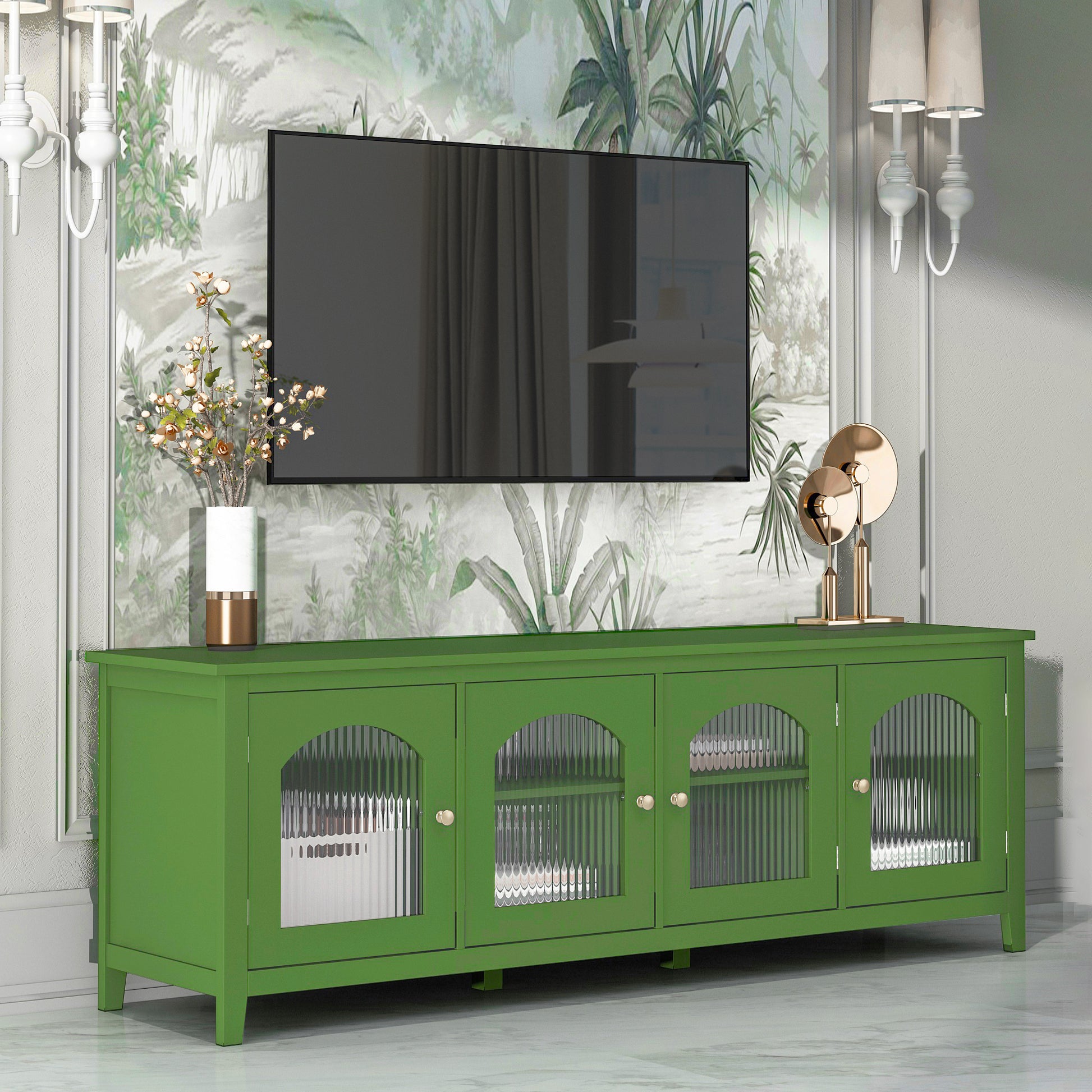 Eisley 71" Modern TV Console with Glass Doors, Antique Green