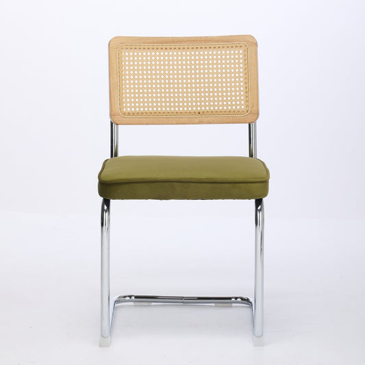 Matilda Mid-Century Modern Side Chairs with Rattan Back & Velvet Seat Set of 2 Green