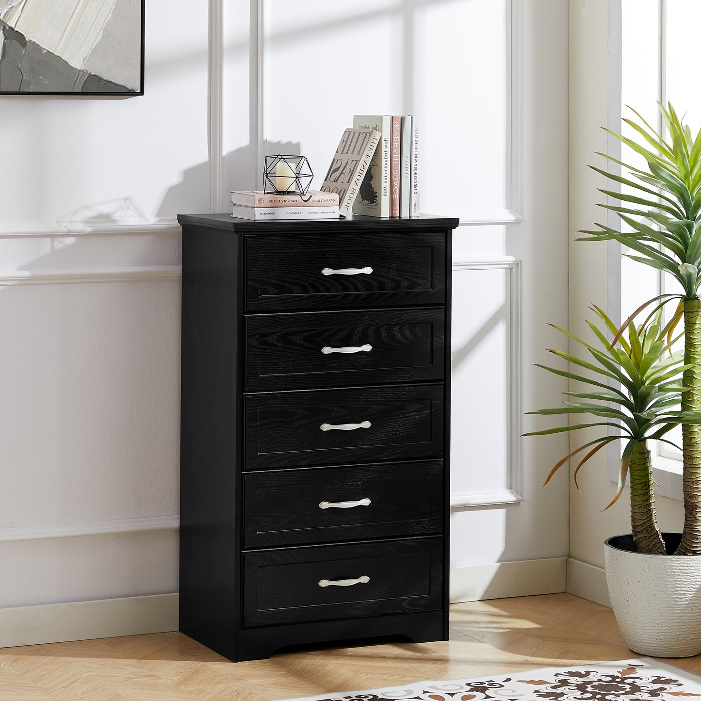 Carla Modern 5-Drawer Chest with Silver Handles, Black