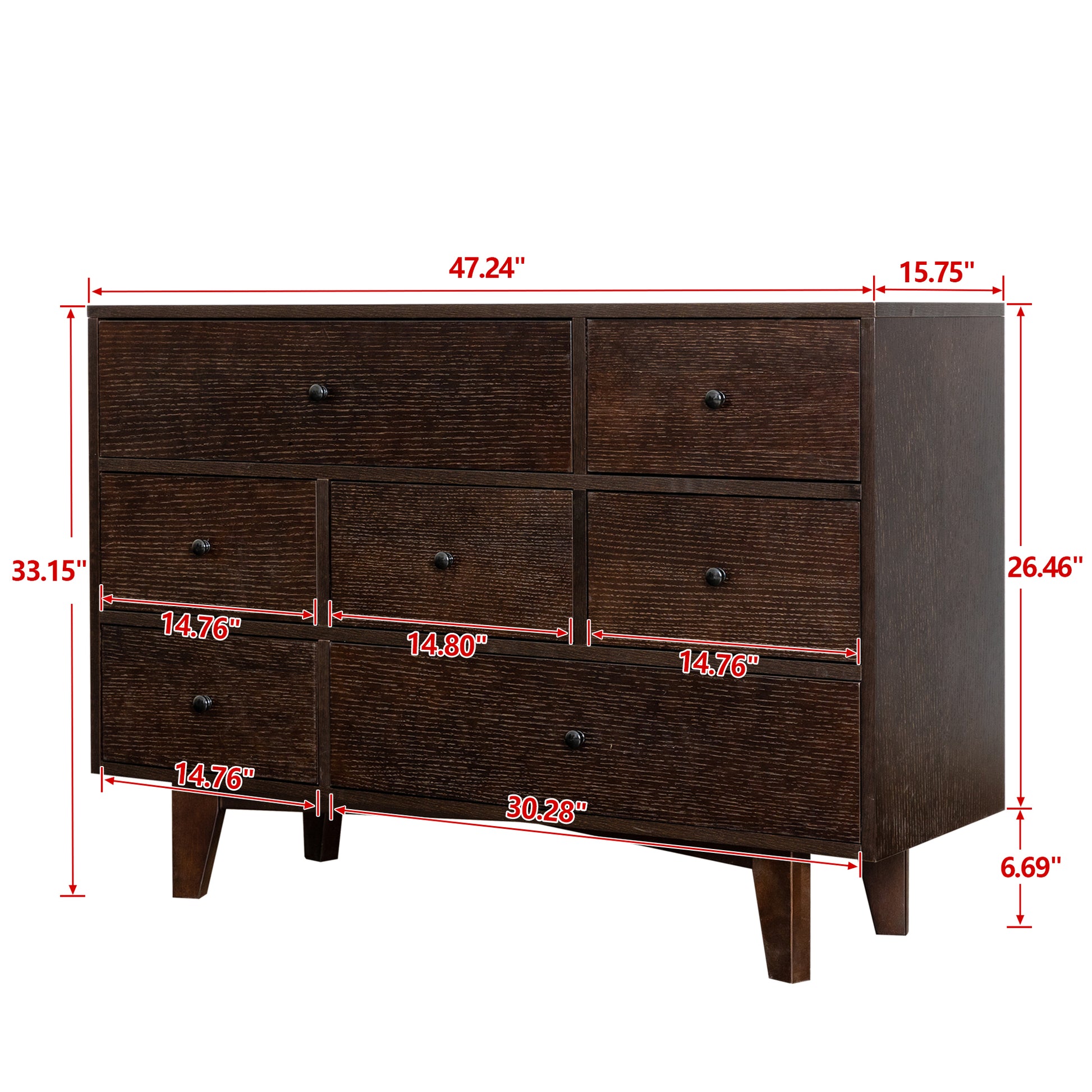 Alina Retro Rustic 7-Drawer Cabinet with Solid Wood Legs, Auburn