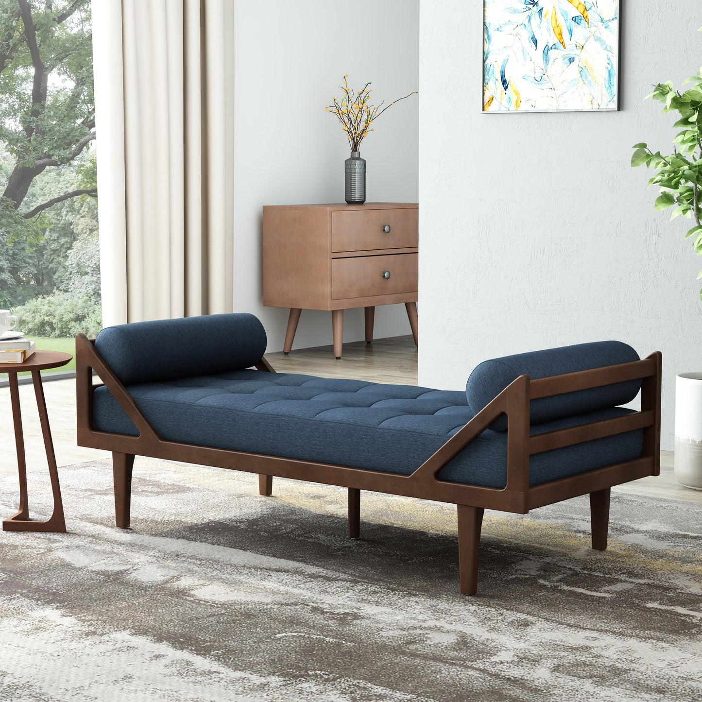 Alara Mid-Century Modern Chaise Lounge, Blue & Brown