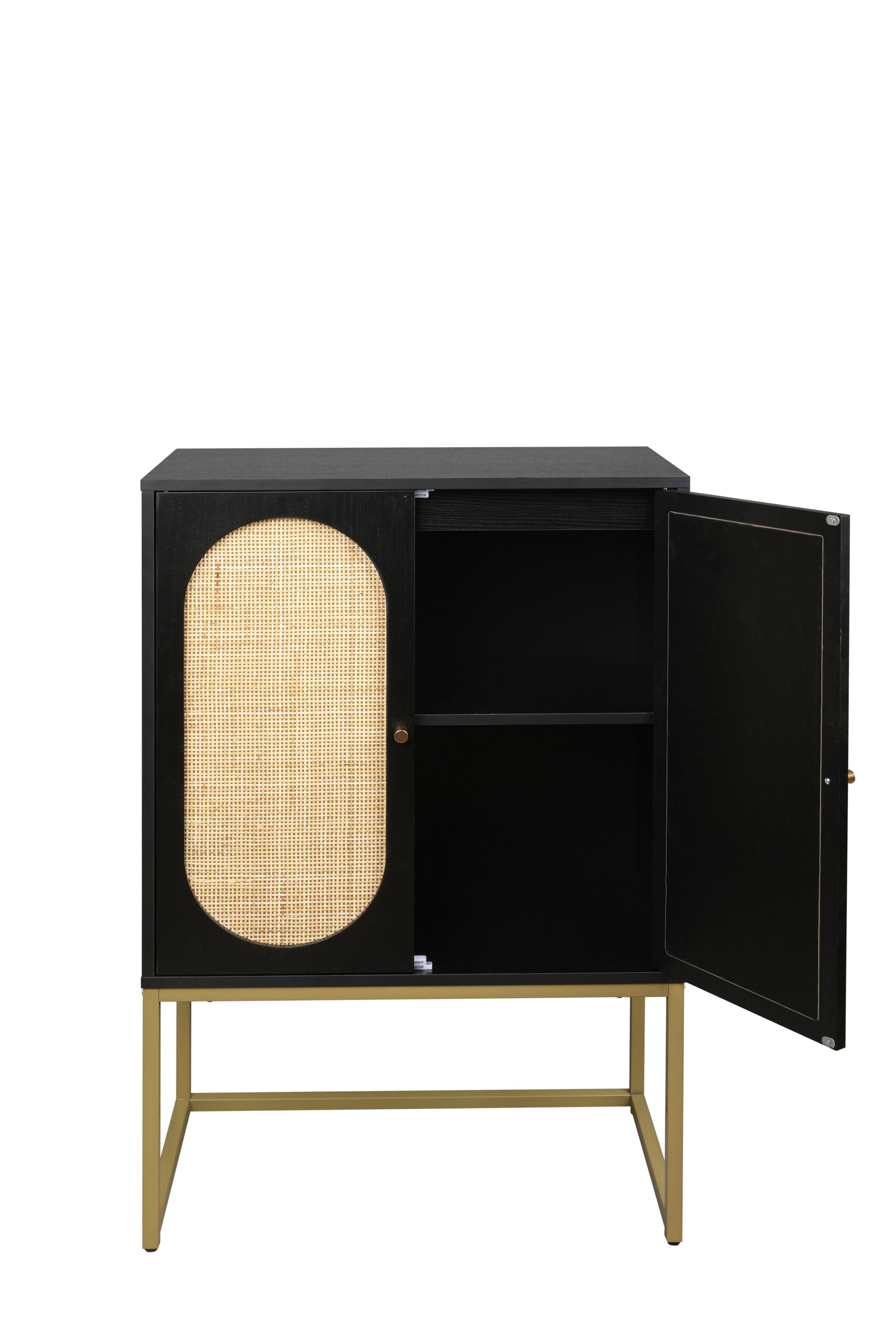 Allen Set of 2 High Cabinets in Black with Rattan Doors & Gold Legs