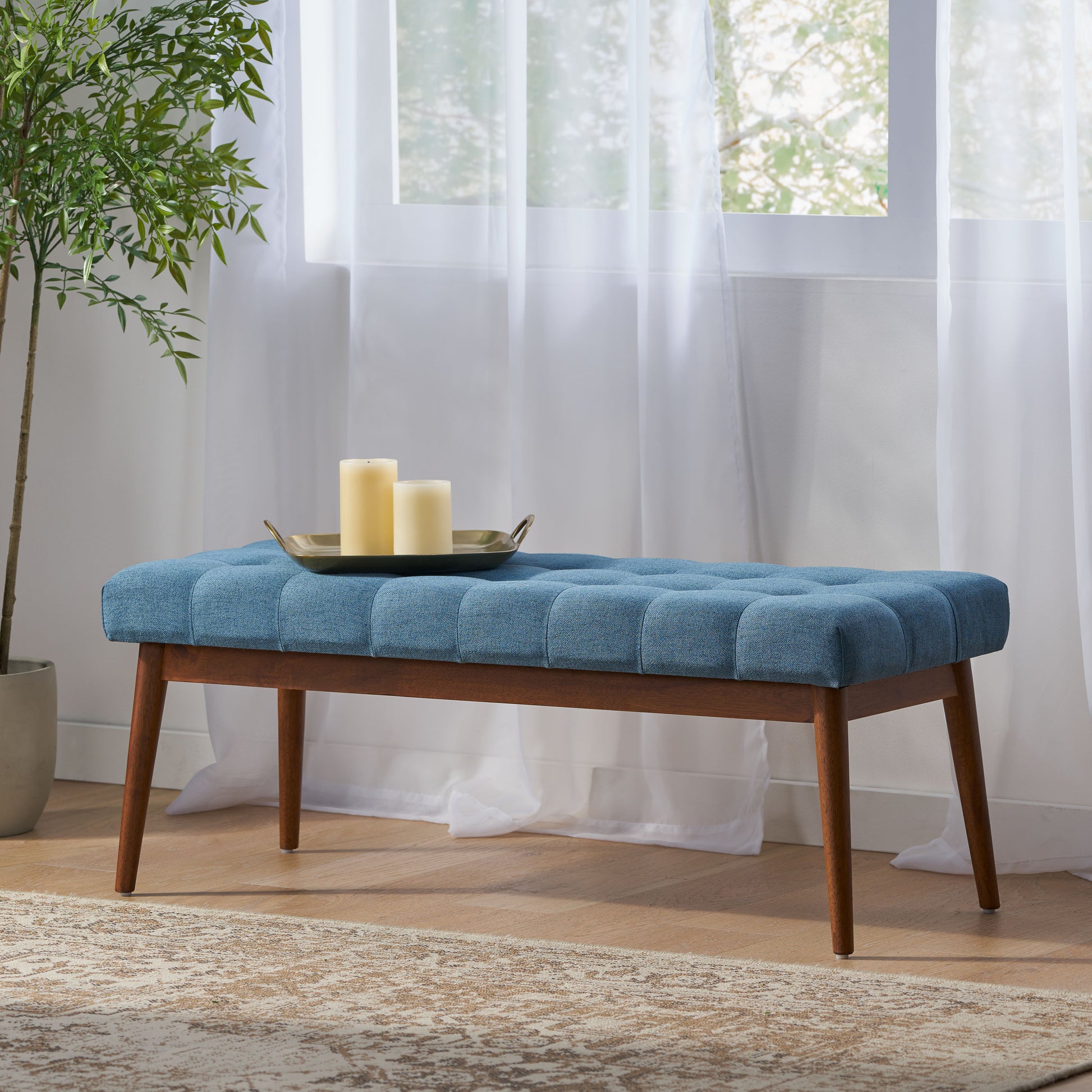 Altman Mid-Century Modern Rectangular Ottoman with Upholstered Top & Walnut Base, Blue