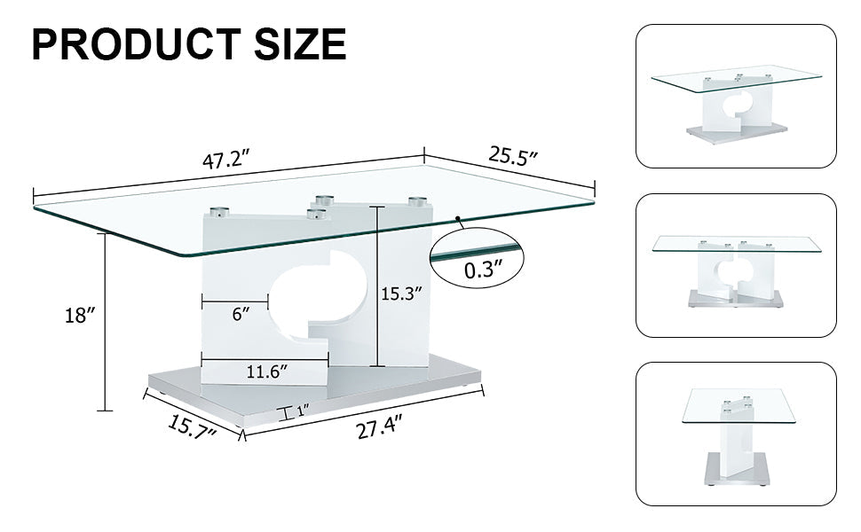 Masterson Modern Glass Top Coffee Table with Silver Base - White