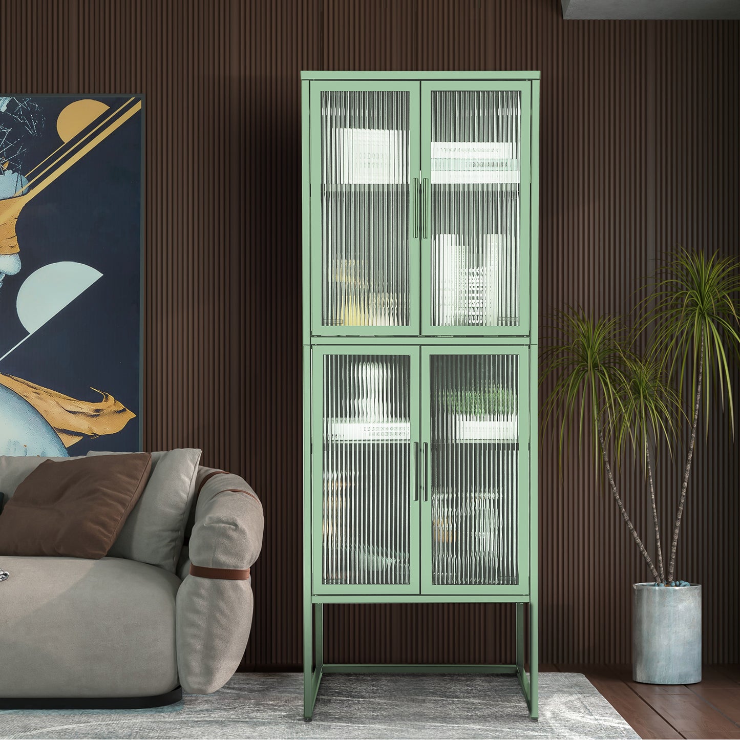 Zane 4-Door Metal Cabinet with Glass Doors, Light Green