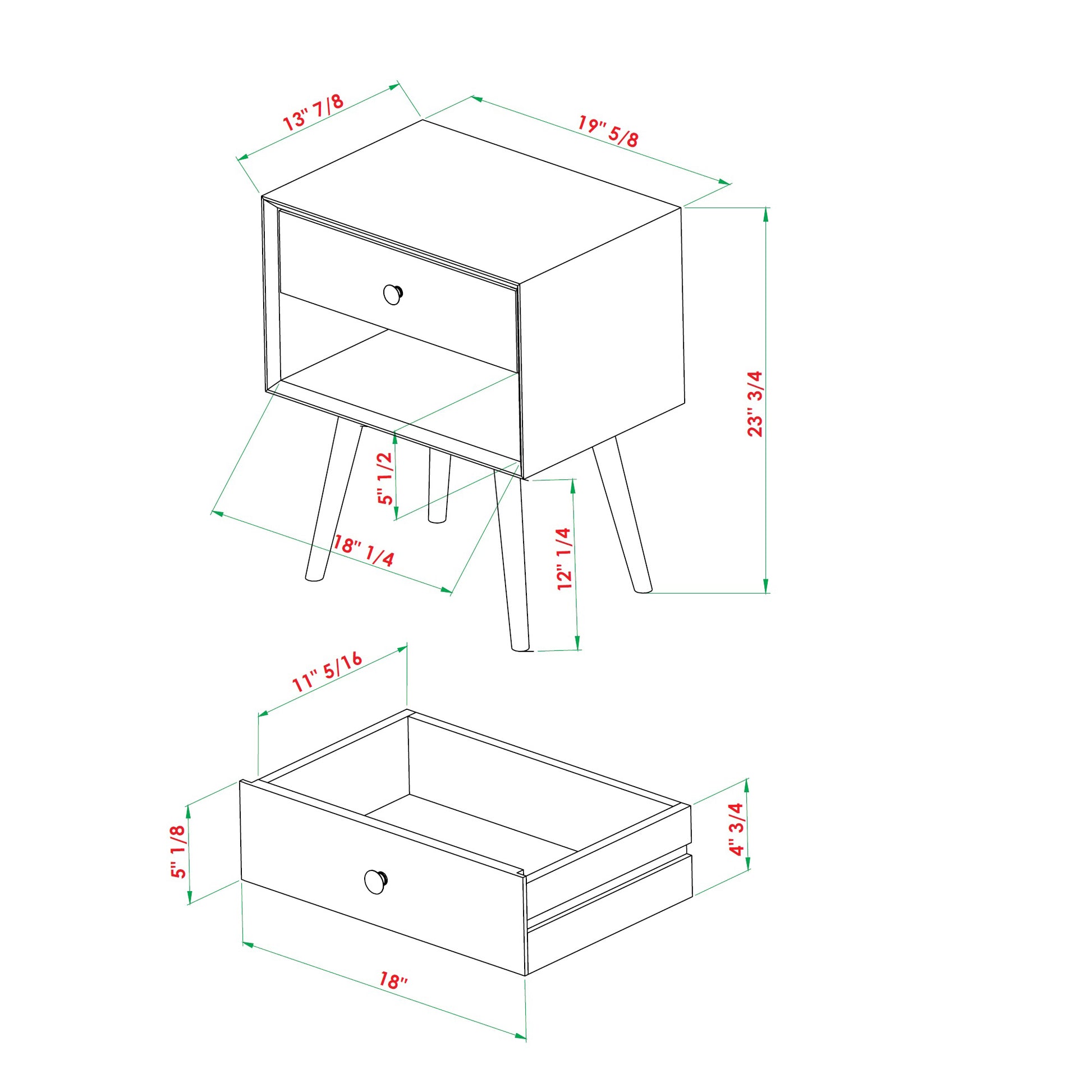 Bonnie Mid-Century Modern Single-Drawer Solid Wood Nightstand - Black