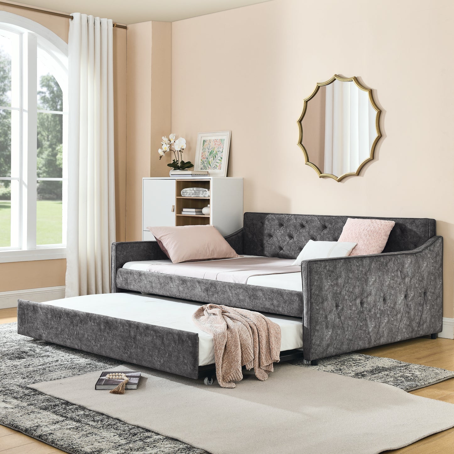 Aria Full Size Linen Daybed & Trundle Set, Gray